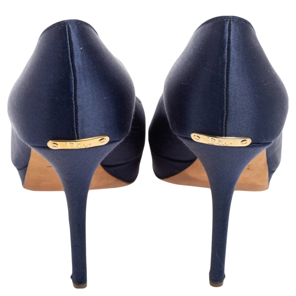 Dior Blue Satin Miss Dior Peep Toe Platform Pumps Size 40.5