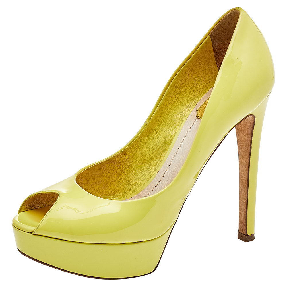 Dior Lime Yellow Patent Leather Miss Dior Peep Toe Platform Pumps Size 37.5