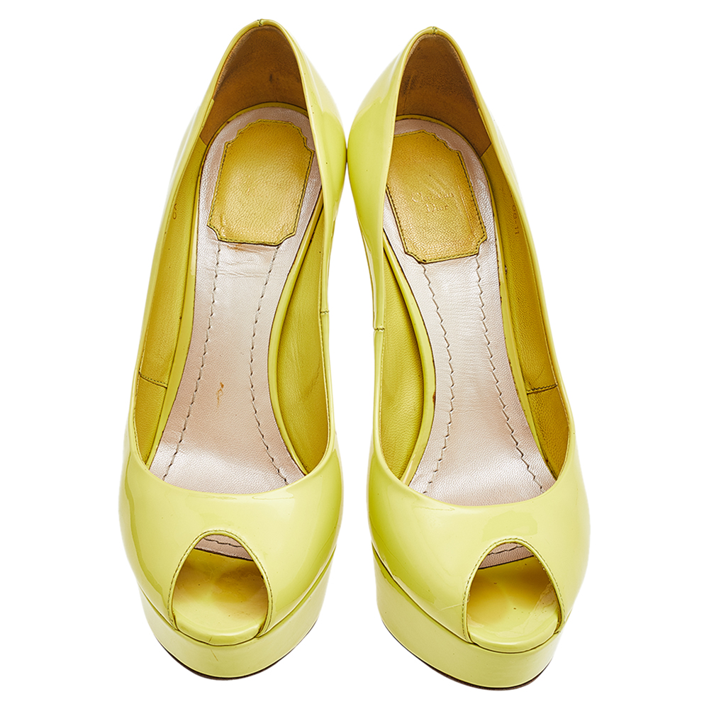 Dior Lime Yellow Patent Leather Miss Dior Peep Toe Platform Pumps Size 37.5