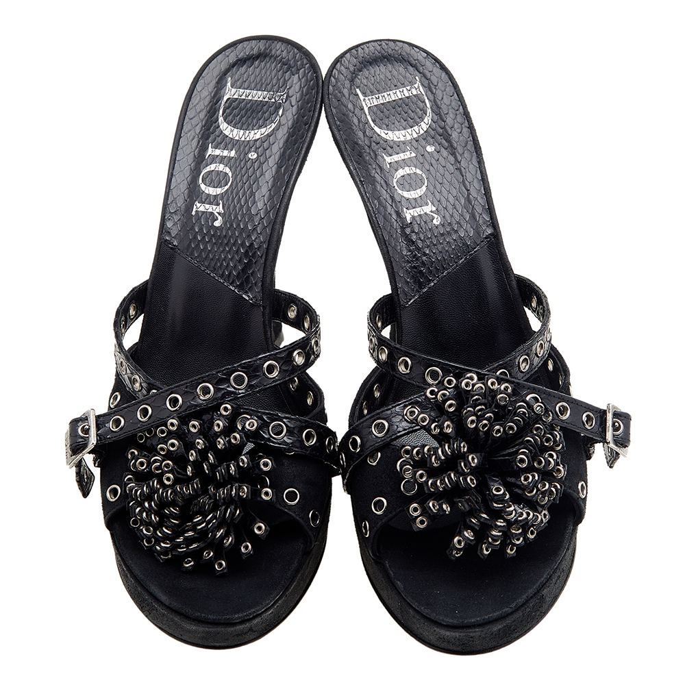 Dior Black Perforated Suede And Python Embellished Platform Slide Sandals Size 37