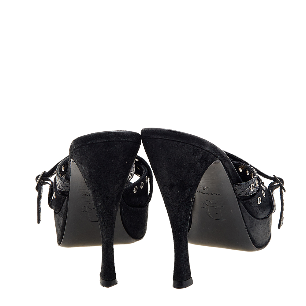 Dior Black Perforated Suede And Python Embellished Platform Slide Sandals Size 37