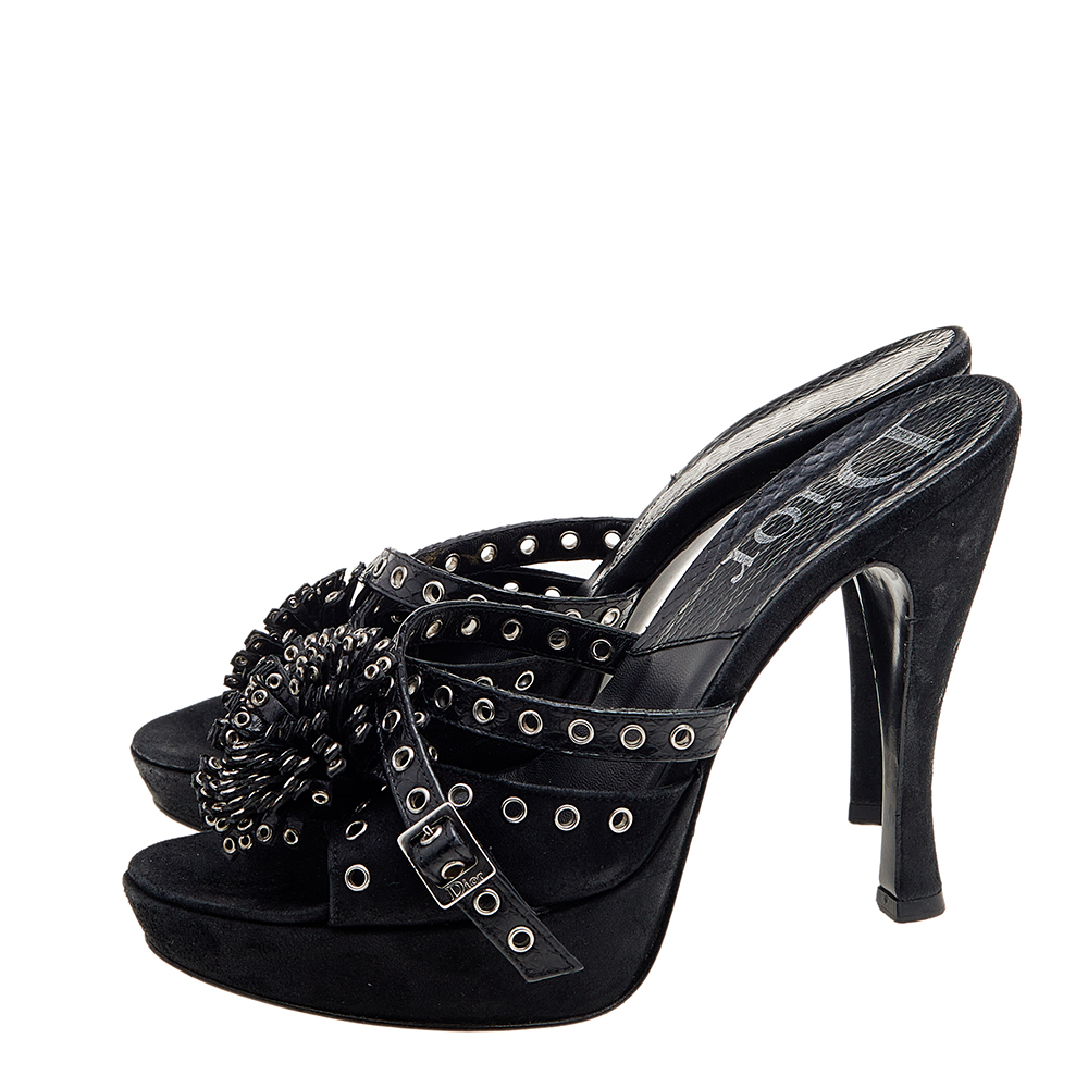 Dior Black Perforated Suede And Python Embellished Platform Slide Sandals Size 37