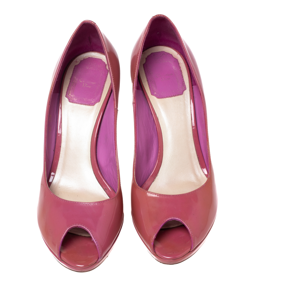 Dior Pink Patent Leather Peep Toe Miss Dior Pumps Size 38