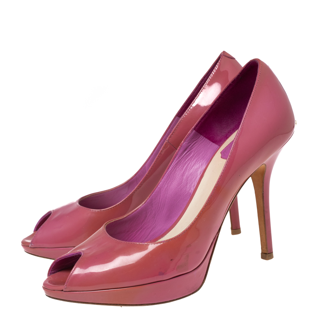 Dior Pink Patent Leather Peep Toe Miss Dior Pumps Size 38