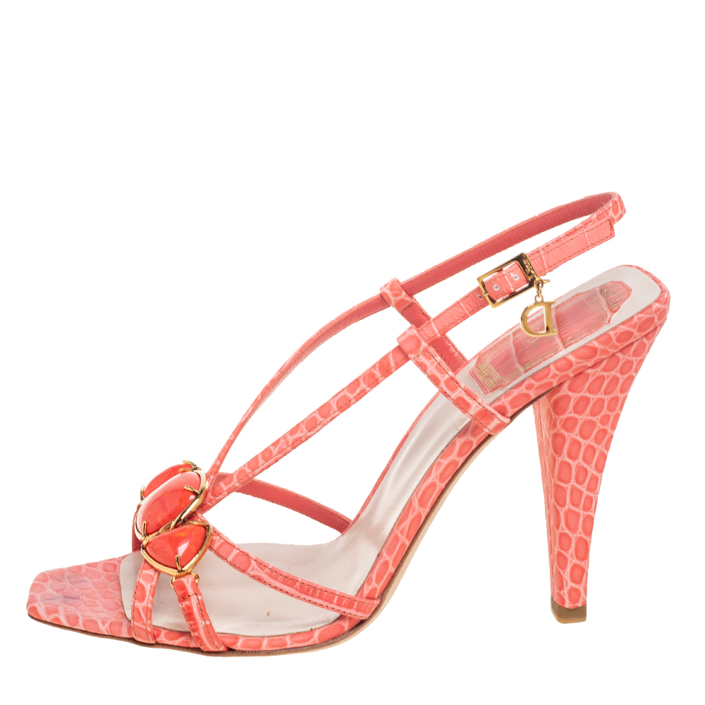 

Dior Pink Python Embossed Leather Open-Toe Piedra Slingback Sandals Size