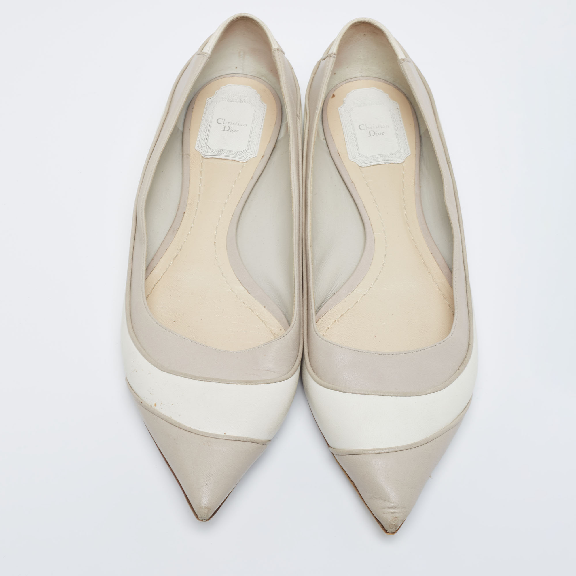 Dior Off-White/Light Grey Leather Pointed Toe Ballet Flats Size 40.5