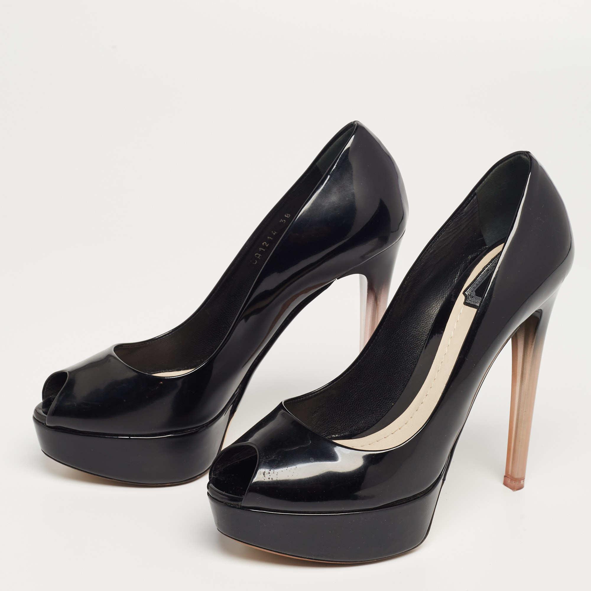 

Dior Black Patent Leather Miss Dior Peep-Toe Ombre Lucite Heel Platform Pumps Size