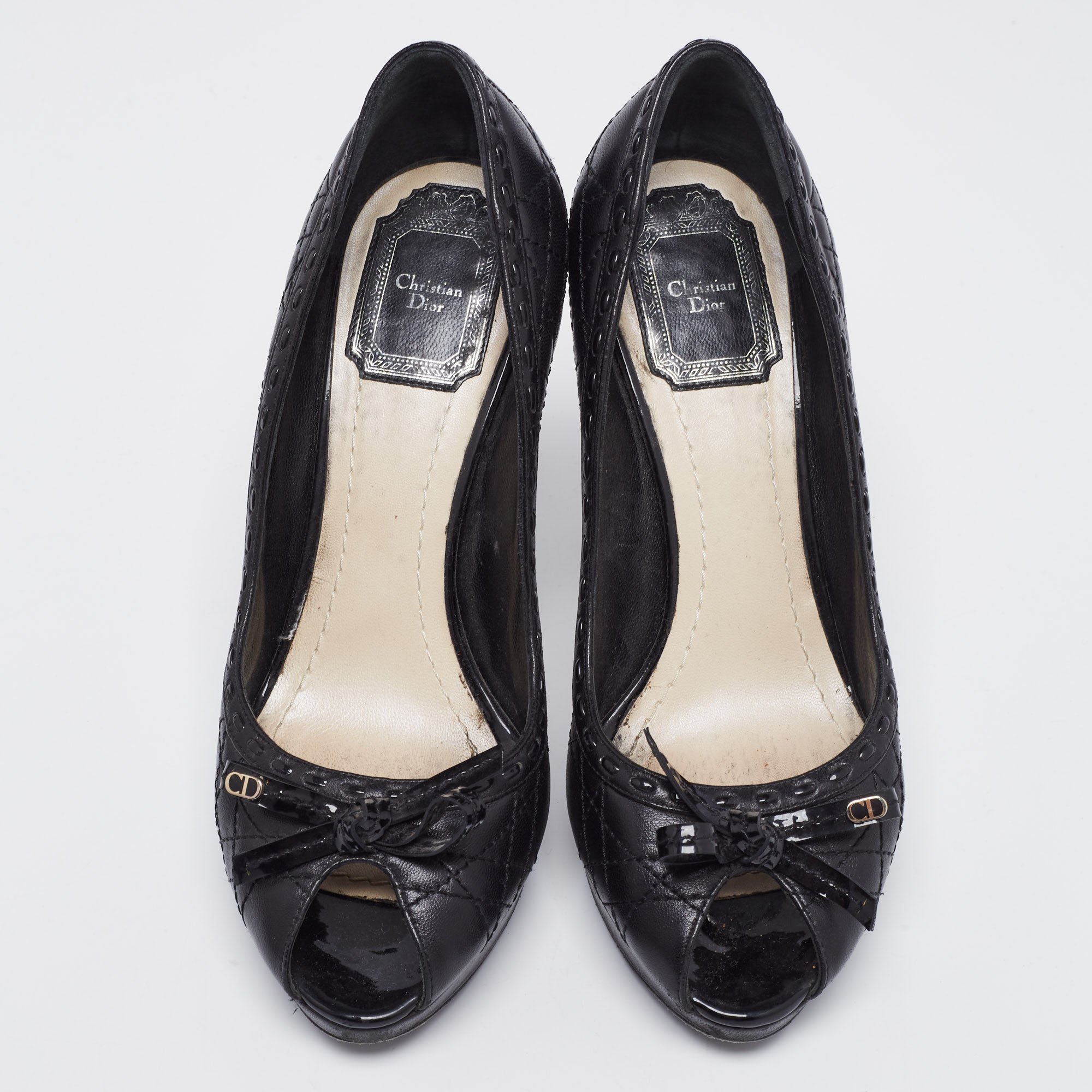 Dior Black Cannage Leather Bow Peep-Toe Pumps Size 37