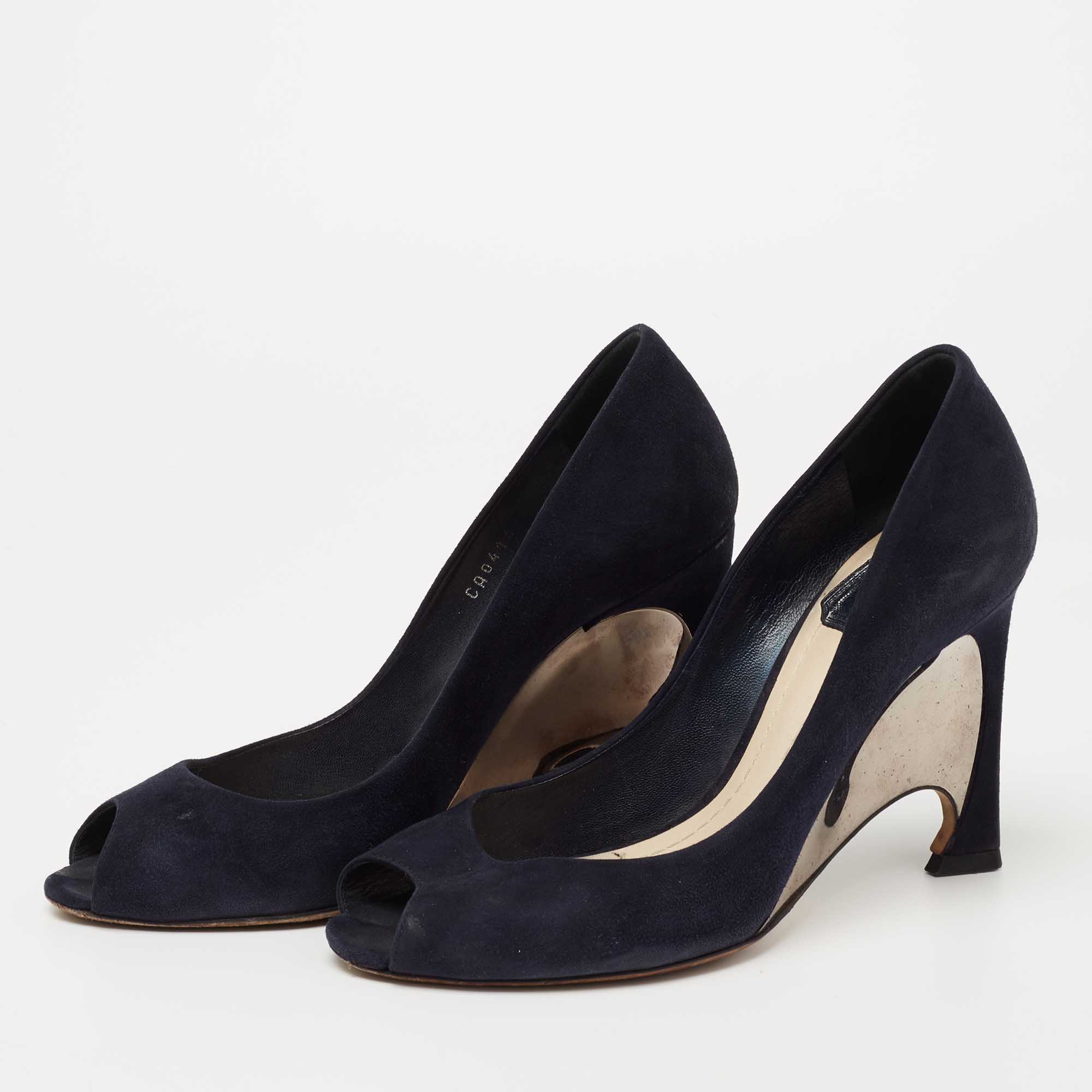 Dior Navy Blue Suede Peep Toe Optique Wedge Pumps Size 36.5