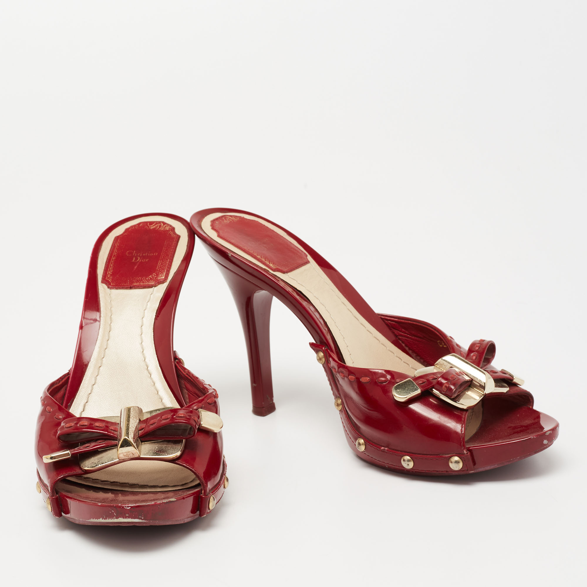 Dior Dark Red Patent Leather Bow Detail Slide Sandals Size 37