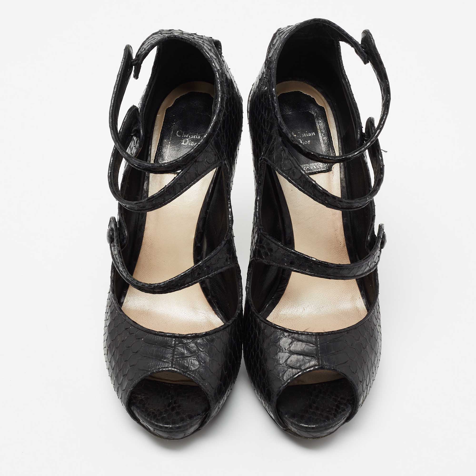 Dior Back Python Leather Strappy Peep Toe Platform Sandals Size 37