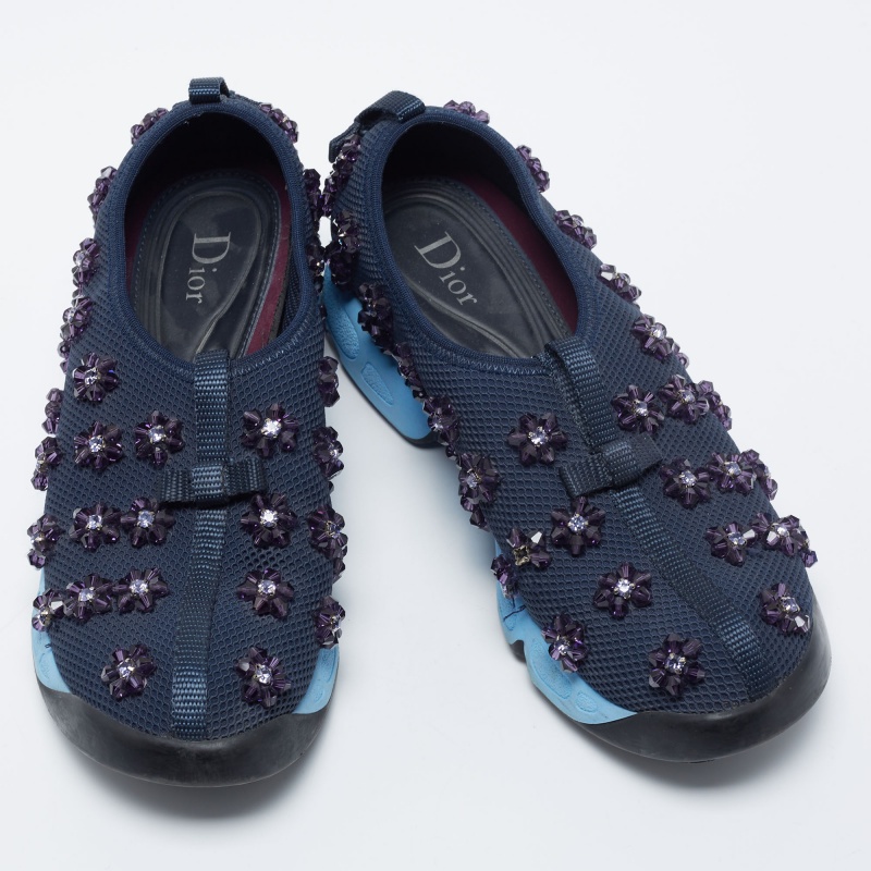 Dior Navy Blue Mesh Crystal Embellished Fusion Slip On Sneakers Size 37
