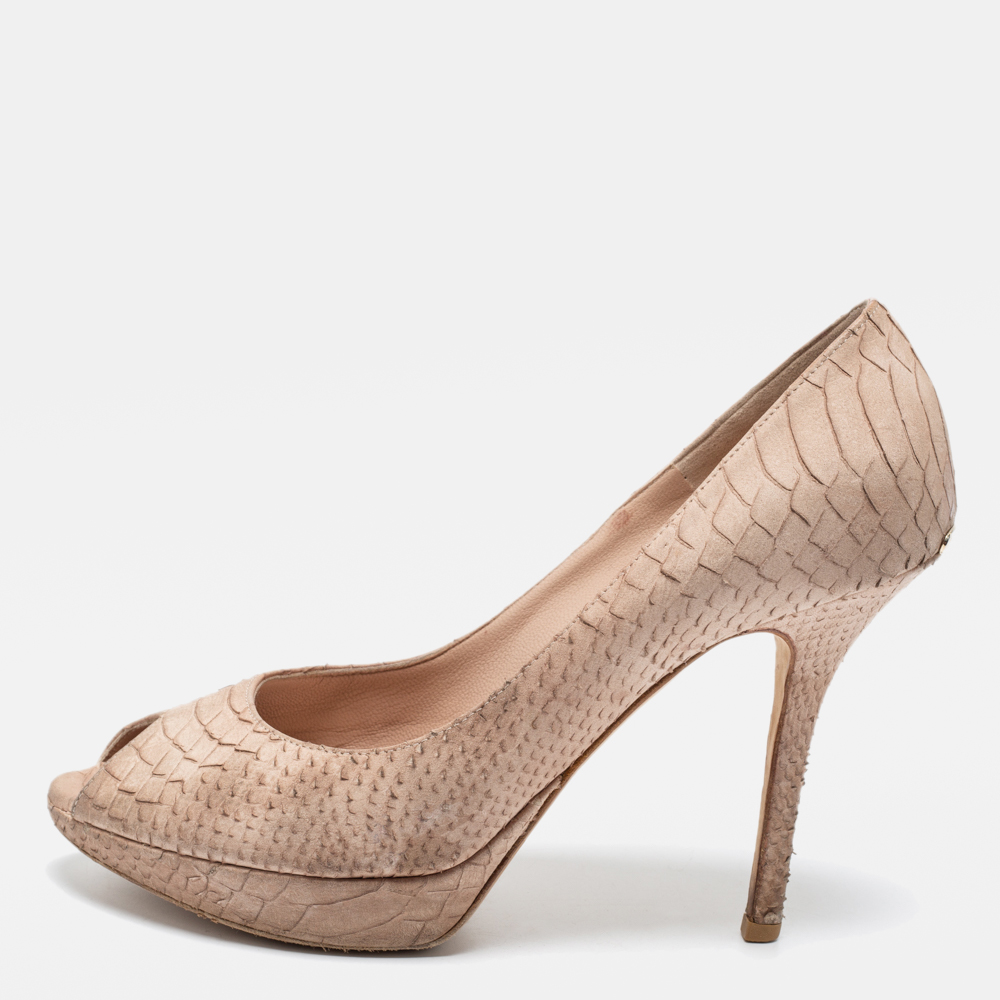 Dior beige python embossed leather miss dior peep toe pumps size 38.5