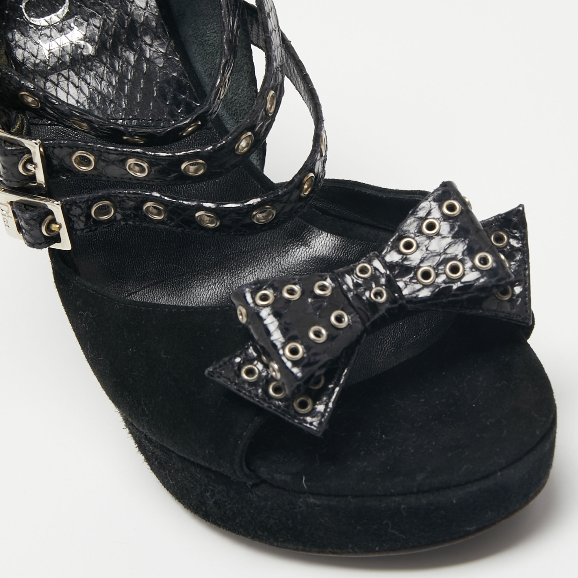 Dior Black Snakeskin And Suede Strappy Eyelet Bow Platform Sandals Size 38.5