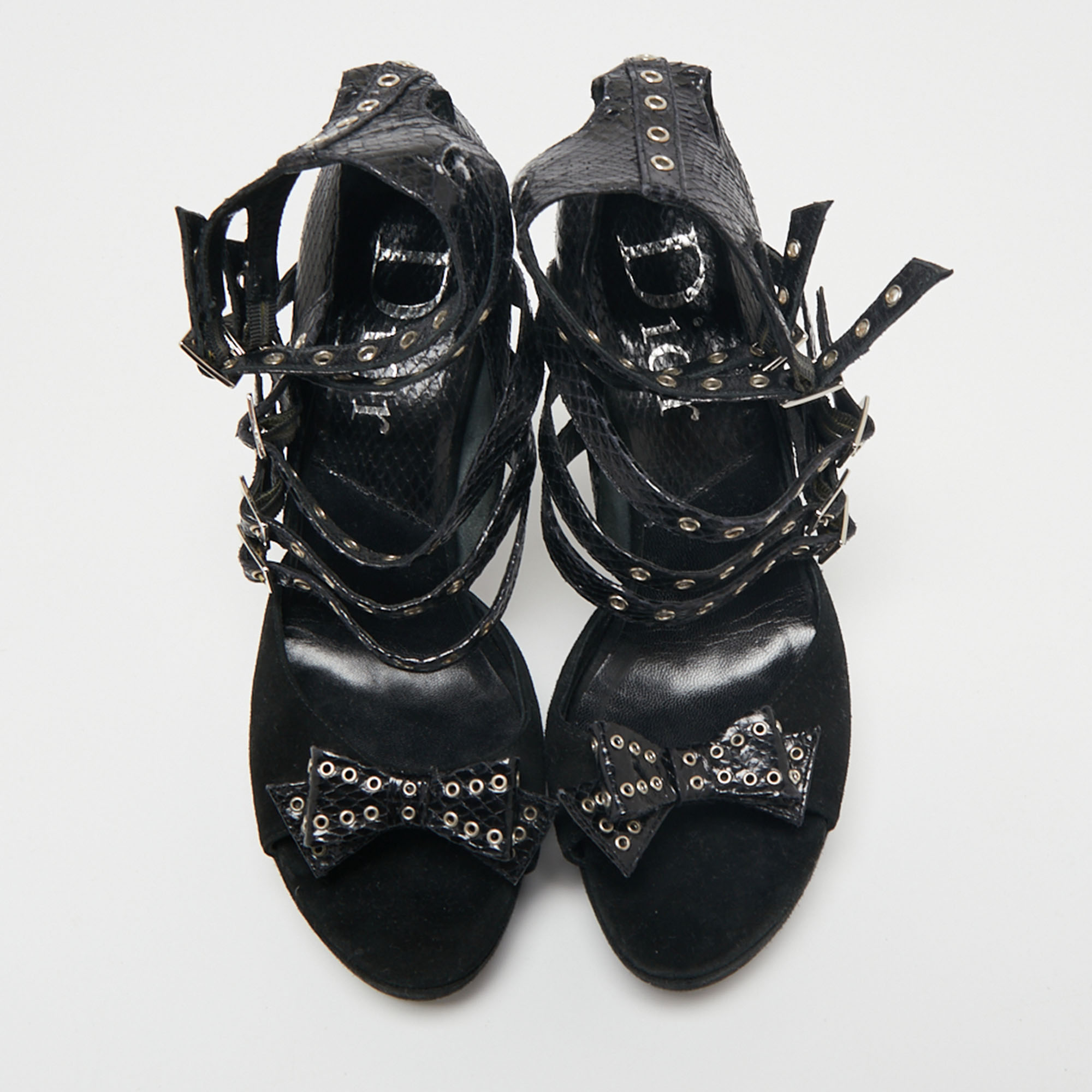 Dior Black Snakeskin And Suede Strappy Eyelet Bow Platform Sandals Size 38.5
