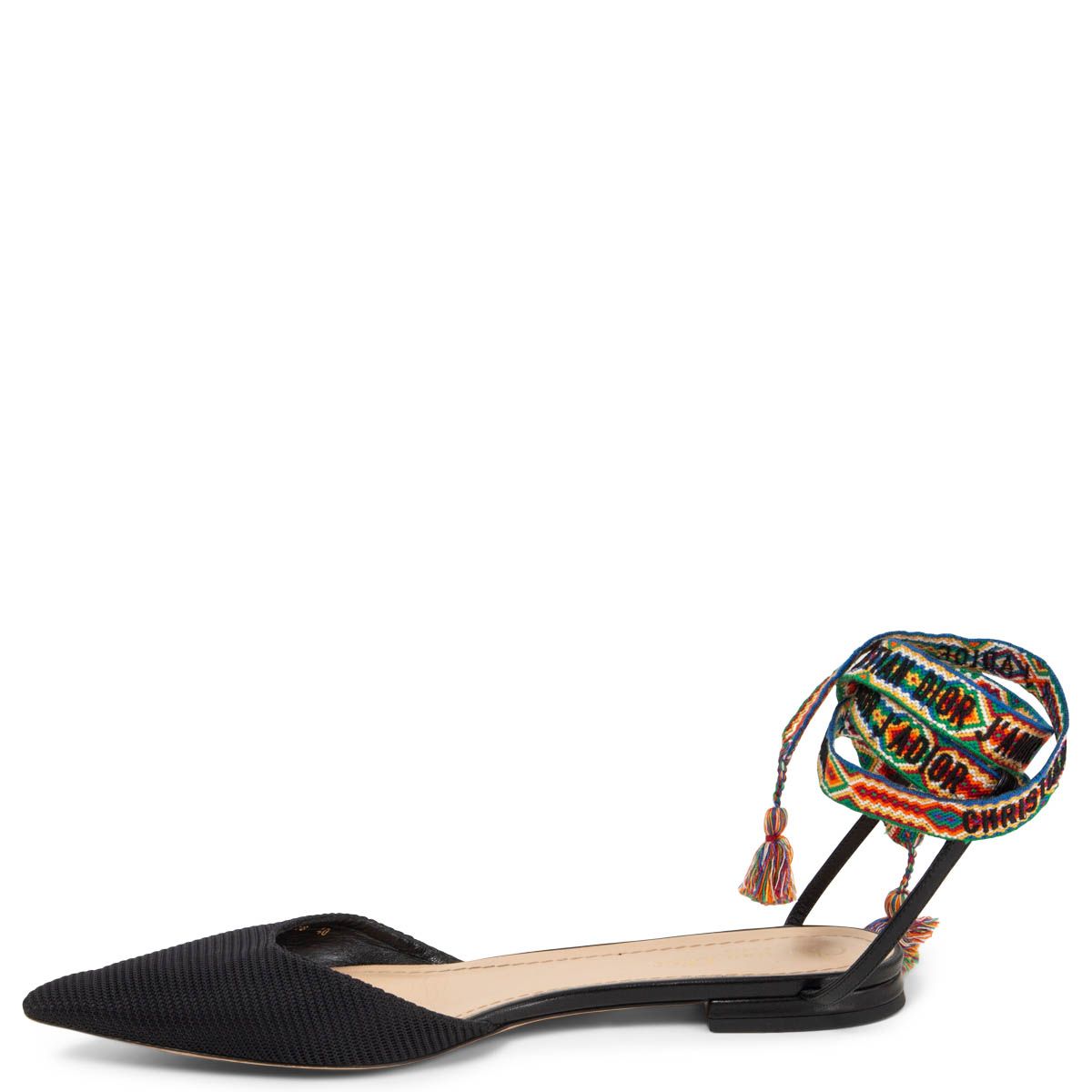 Dior Black J'Adior Pointed Toe Ankle Wrap Flat Sandals Size EU 40
