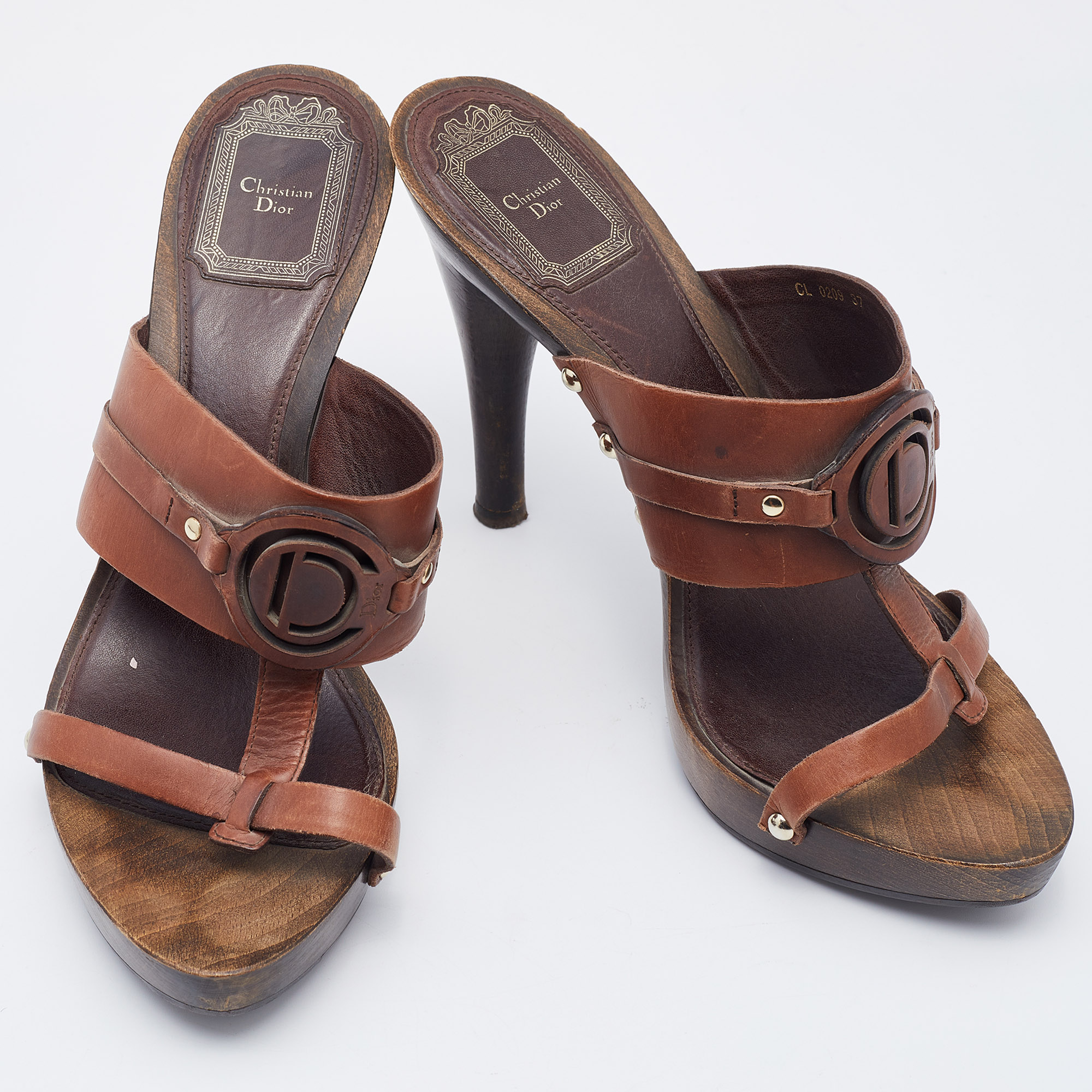 Dior Brown Leather Logo Platform Wooden Clogs Size 37