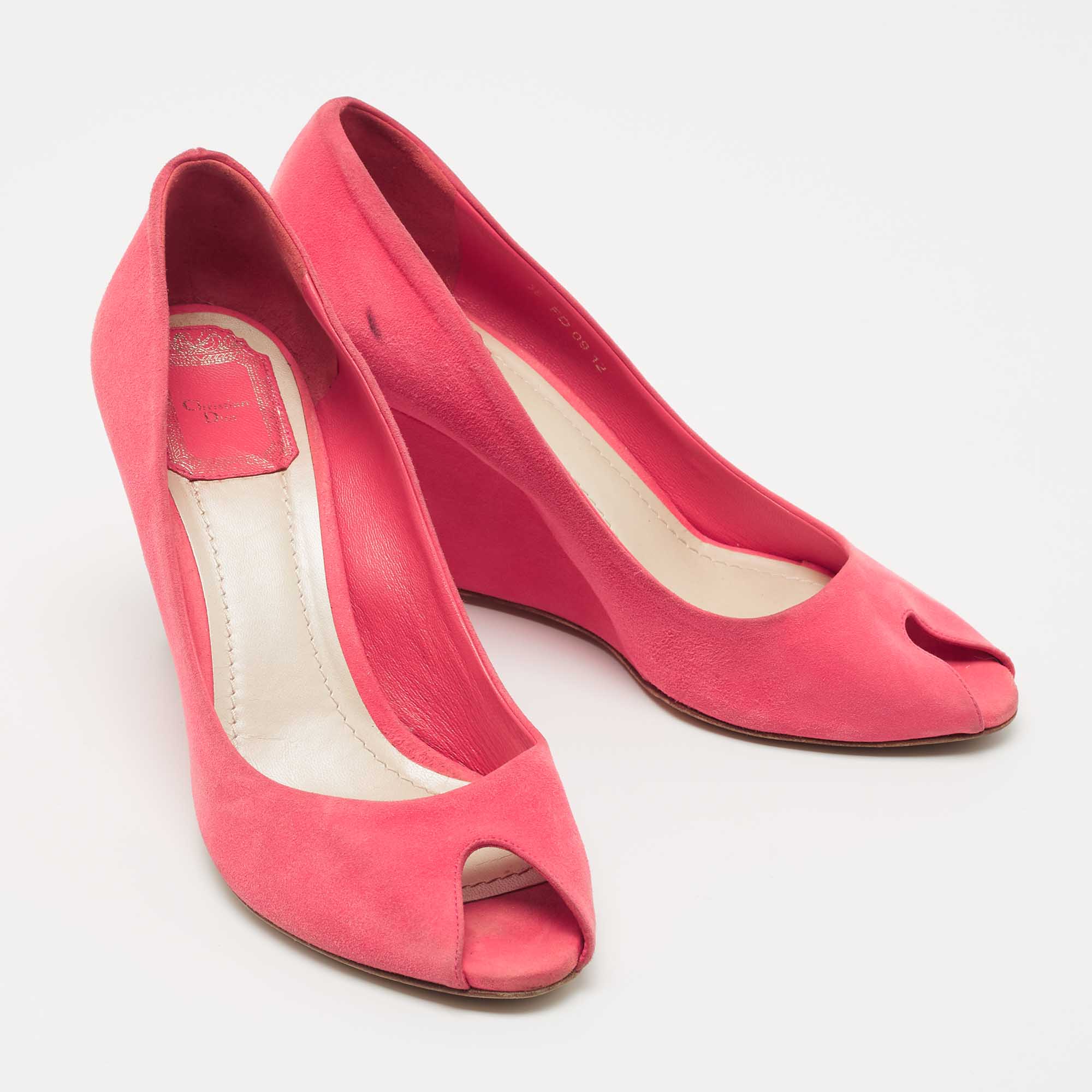 Dior Pink Suede Peep Toe Wedge Pumps Size 38