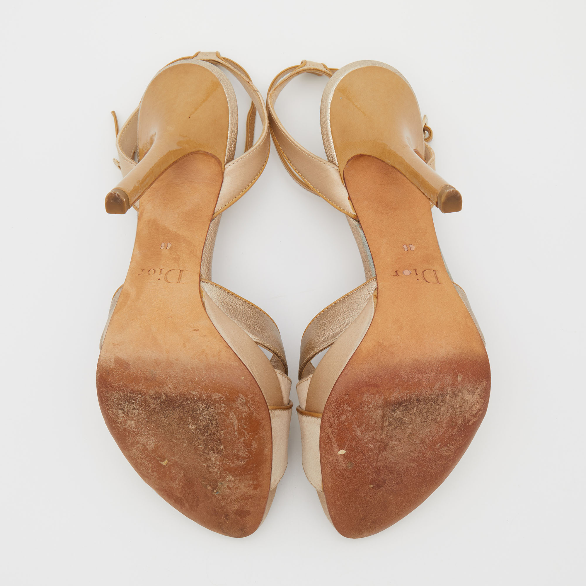 Dior Metallic Gold/Beige Leather And Satin Platform Ankle Strap Sandals Size 38