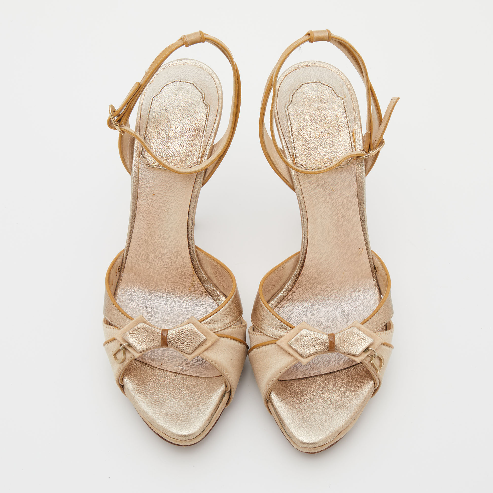 Dior Metallic Gold/Beige Leather And Satin Platform Ankle Strap Sandals Size 38
