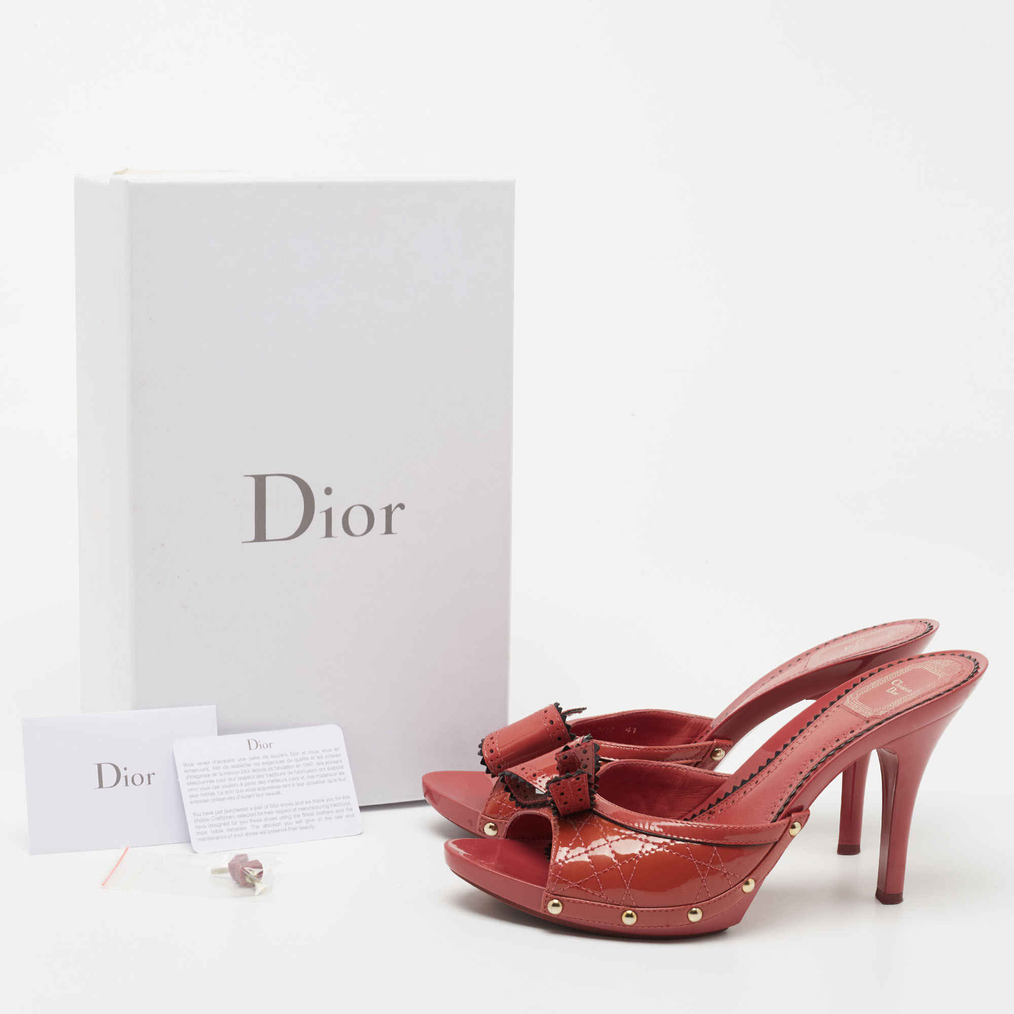 Dior Pink Patent Leather Bow Studded Open Toe Slide Sandals Size 41