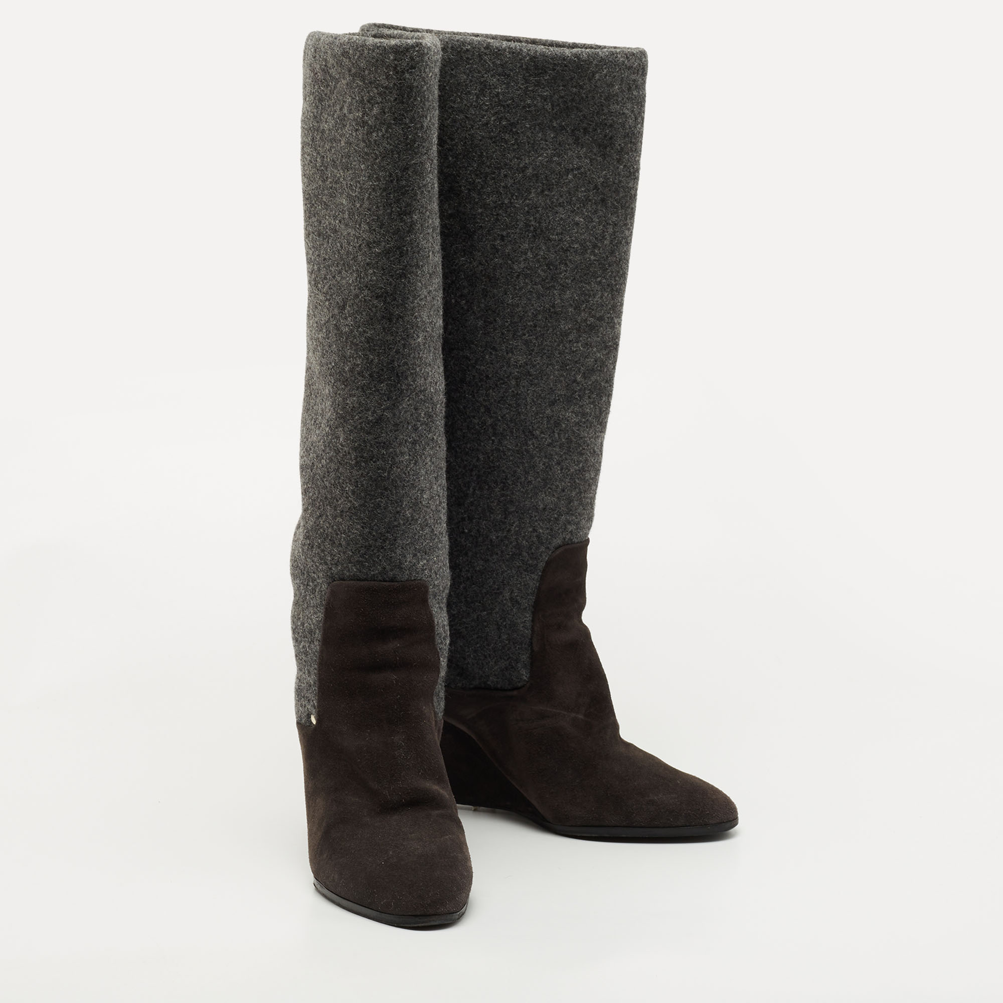 Dior Grey Suede And Wool Wedge Knee Length Boots Size 40.5