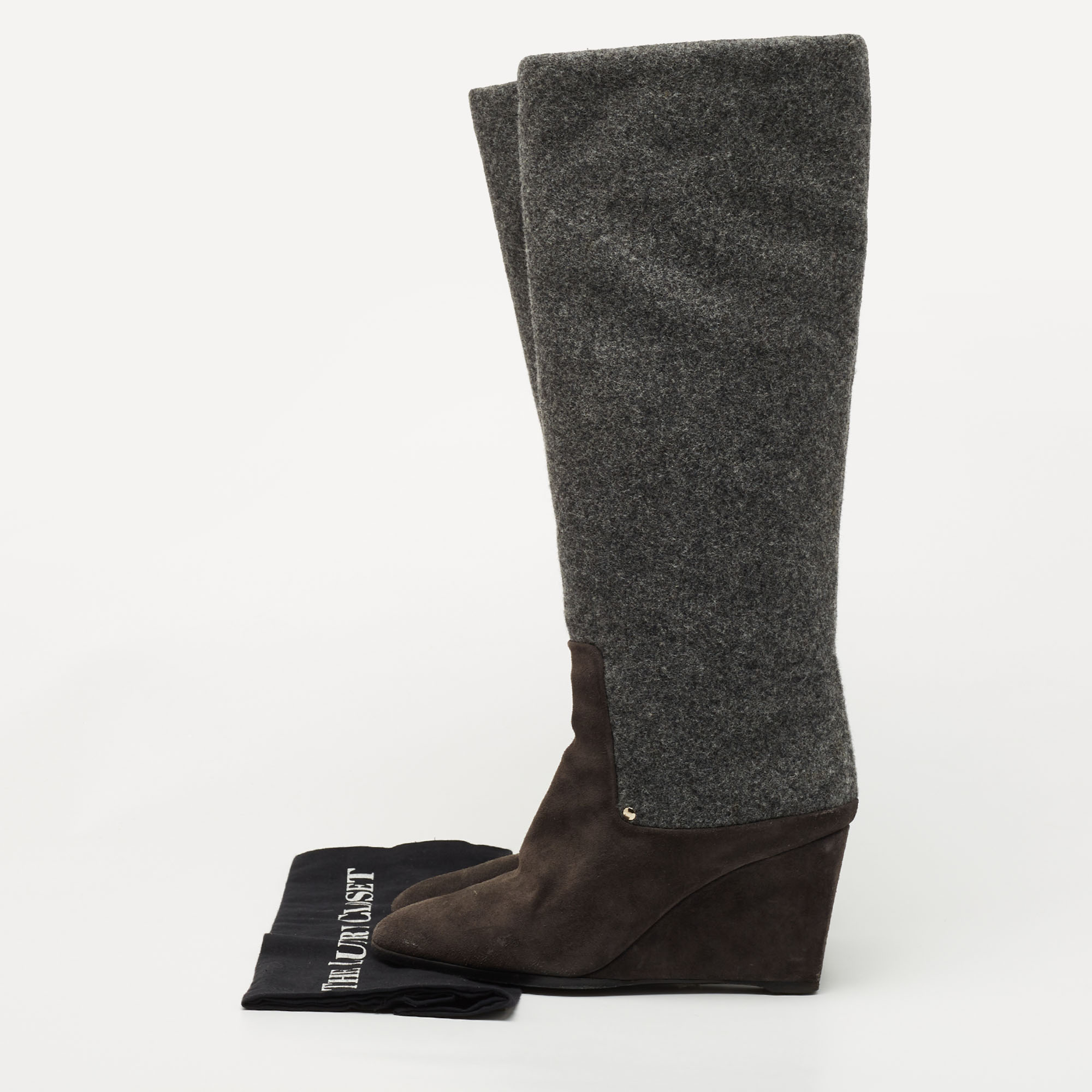 Dior Grey Suede And Wool Wedge Knee Length Boots Size 40.5