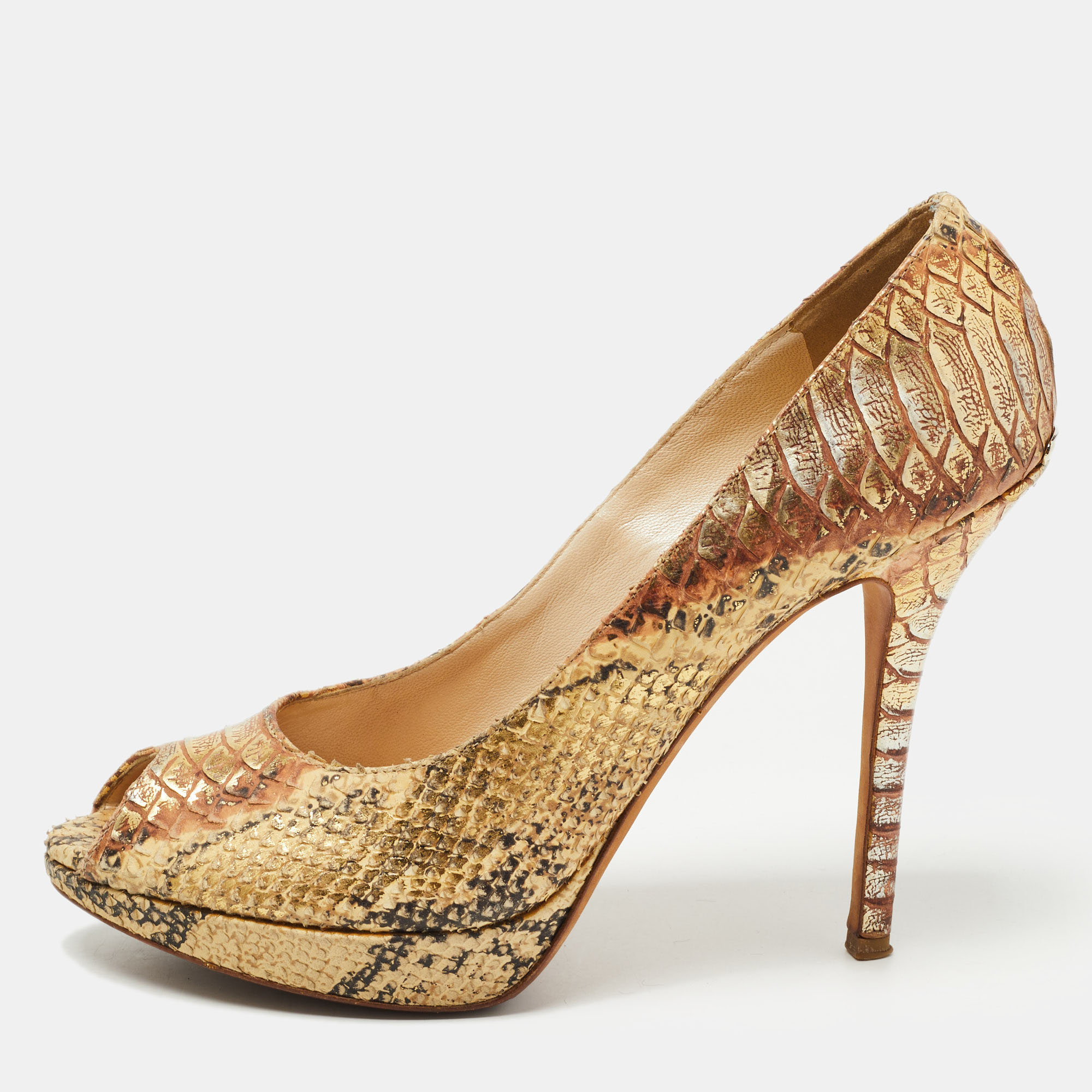 Dior gold/yellow python embossed leather miss dior peep-toe platform pumps size 40