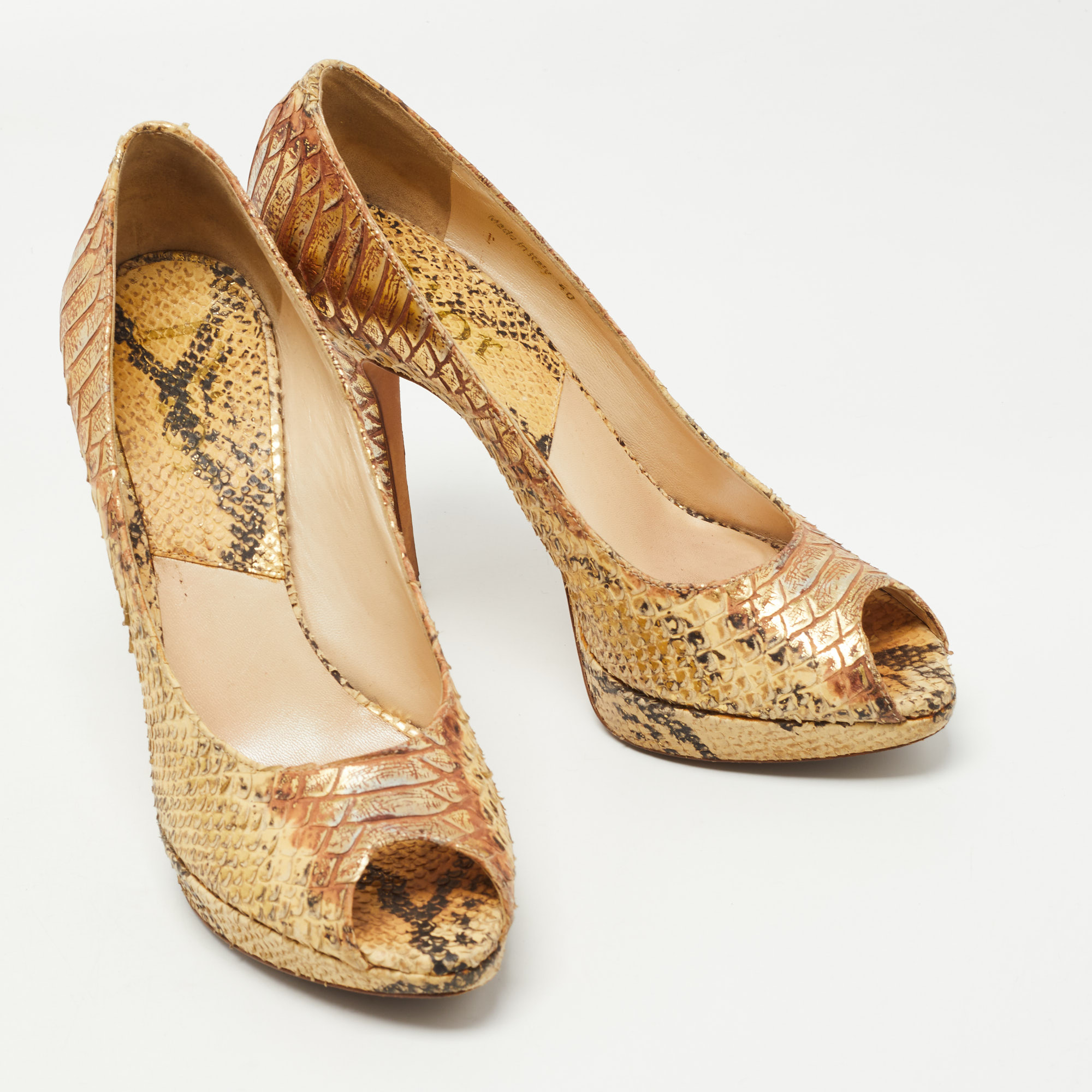 Dior Gold/Yellow Python Embossed Leather Miss Dior Peep-Toe Platform Pumps Size 40