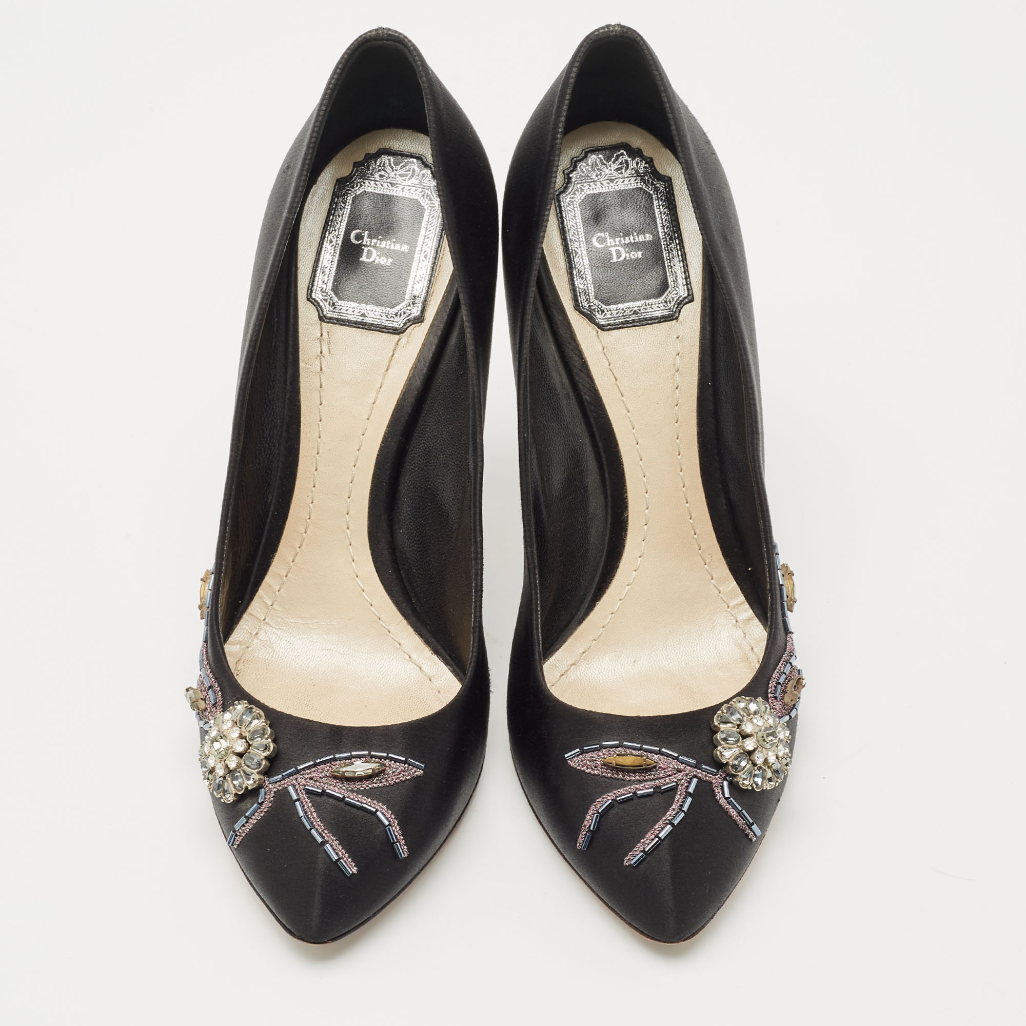 Dior Black Satin Crystal Embellished Round Toe Pumps Size 40