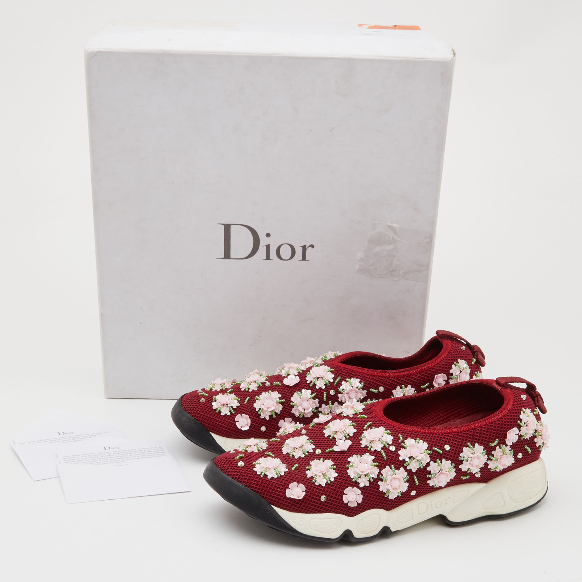 Dior Red/Pink Crystal Embellished Mesh Fusion Slip-On Sneakers Size 37.5