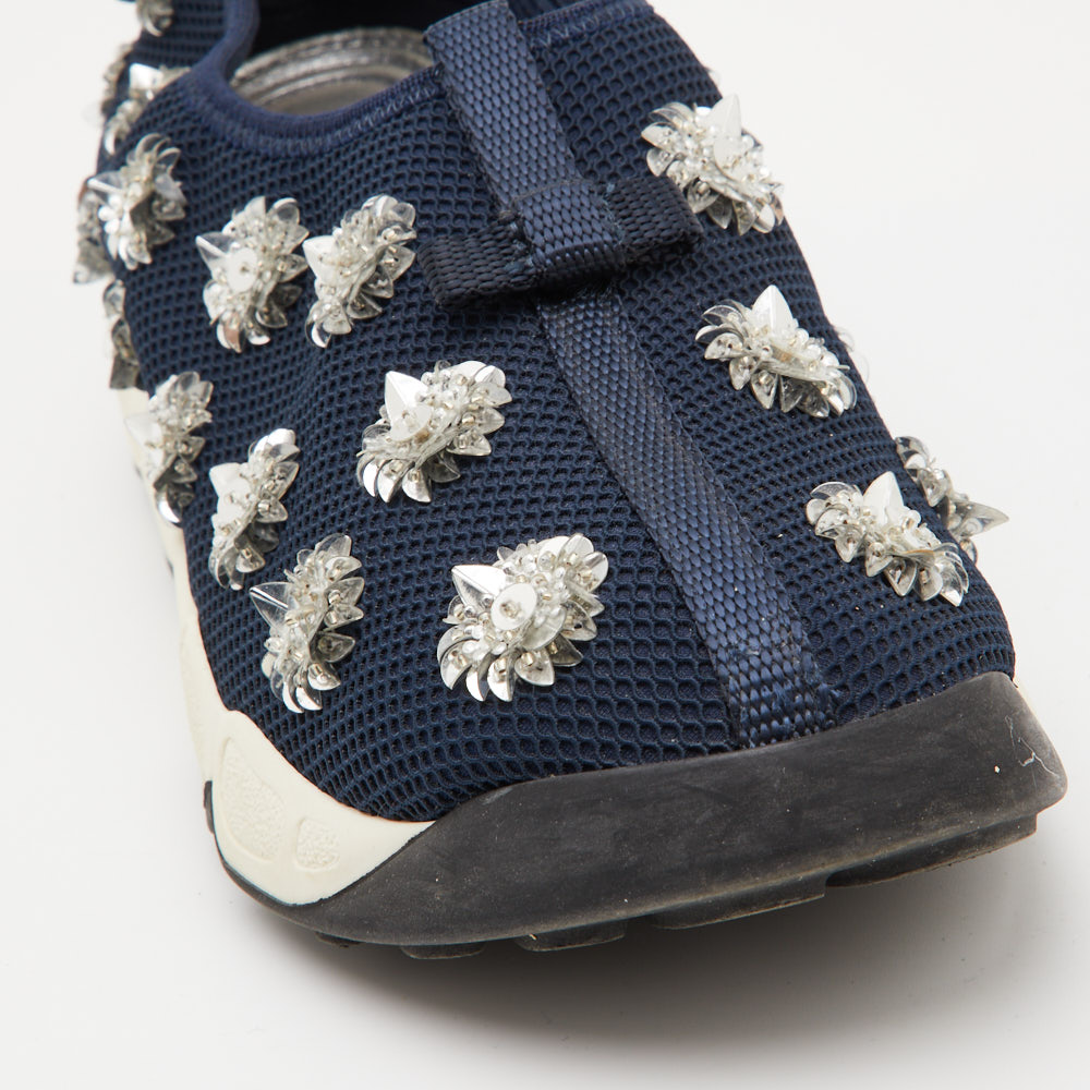 Dior Navy Blue Crystal Embellished Mesh Fusion Sneakers Size 37.5