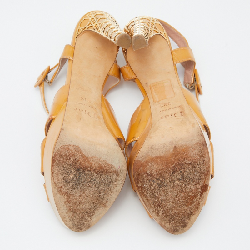 Dior Light Orange Patent Leather Cannage Heel Platform Ankle Strap Sandals Size 38.5