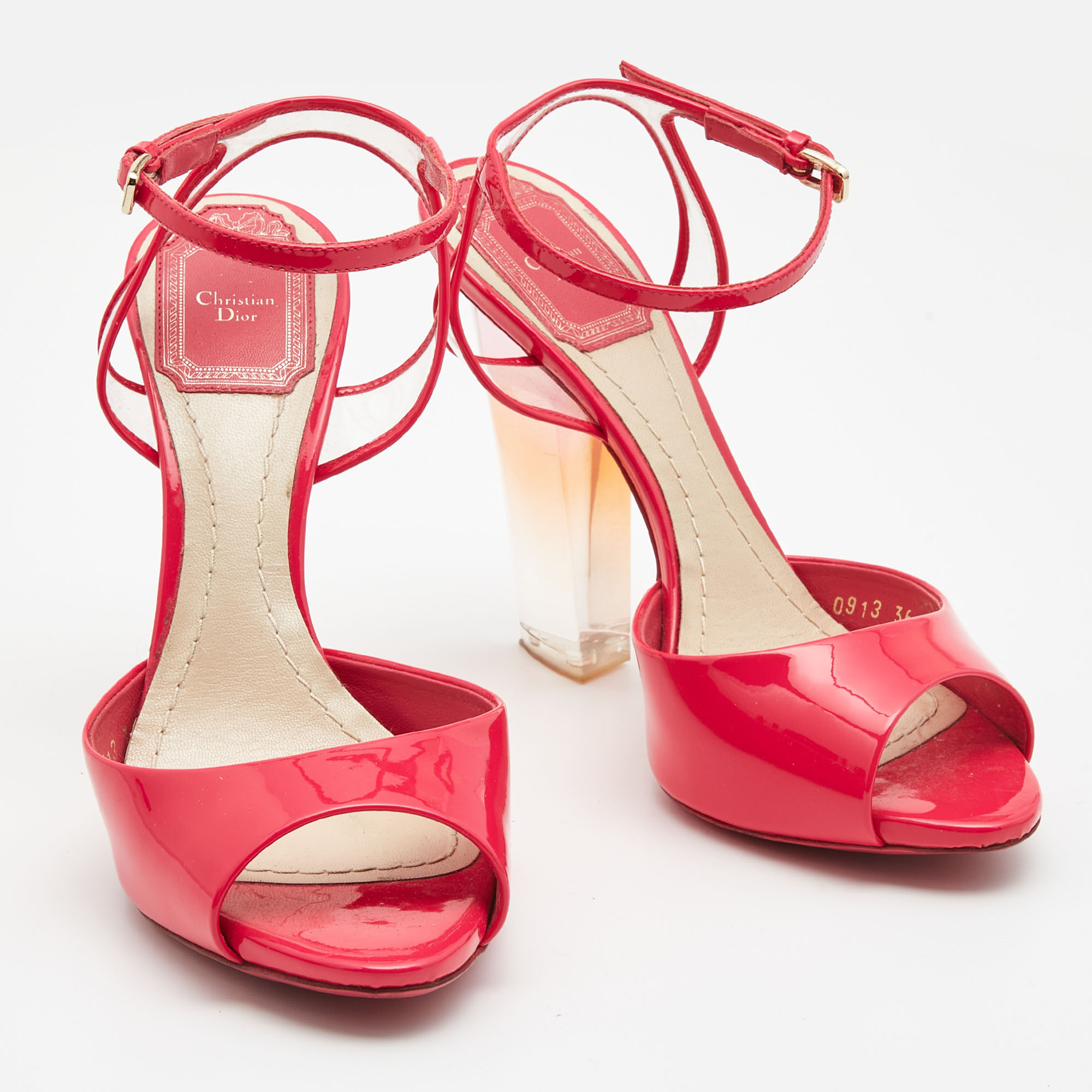 Dior Pink Patent  And PVC Plexi Clear Block Ankle Strap Sandals Size 36