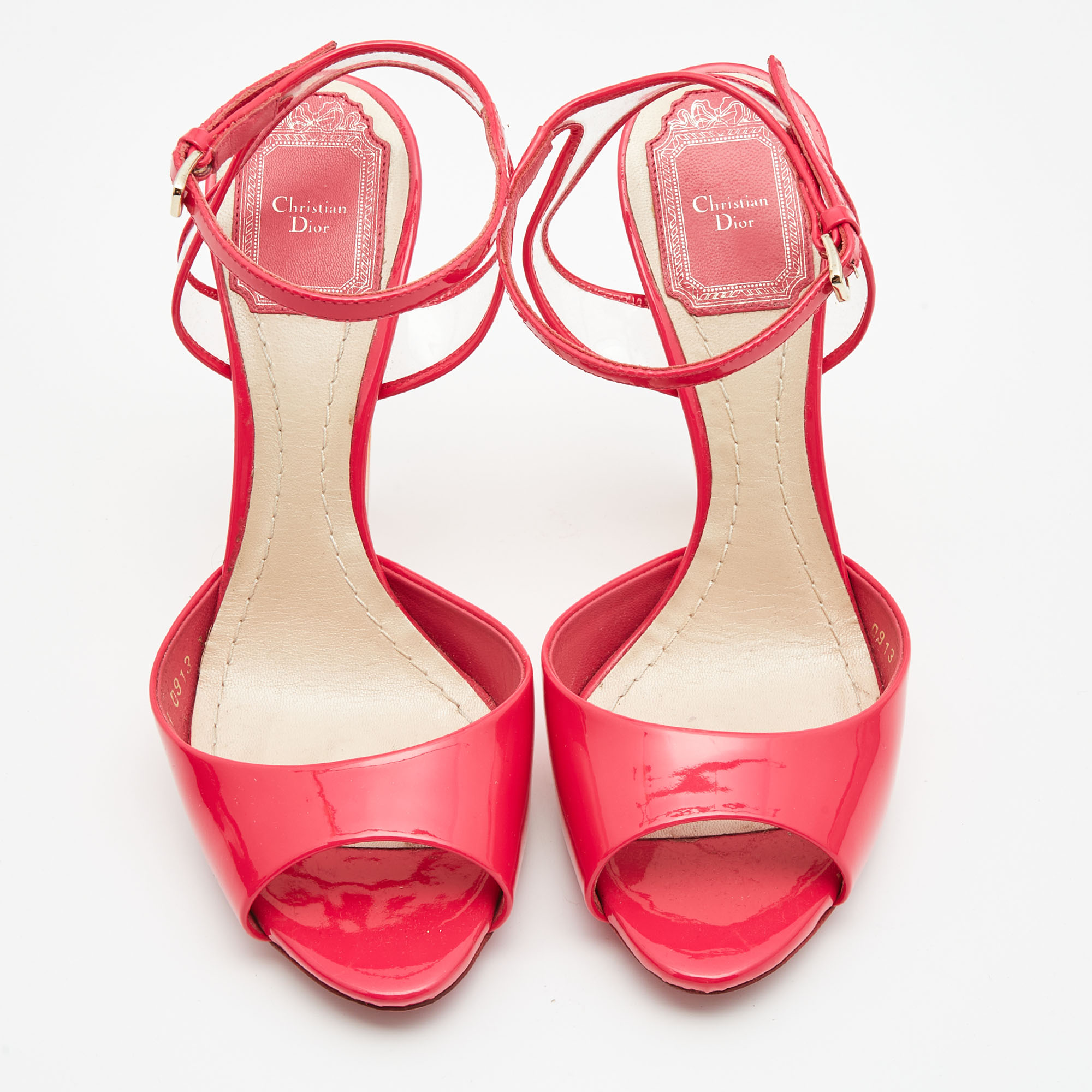 Dior Pink Patent  And PVC Plexi Clear Block Ankle Strap Sandals Size 36