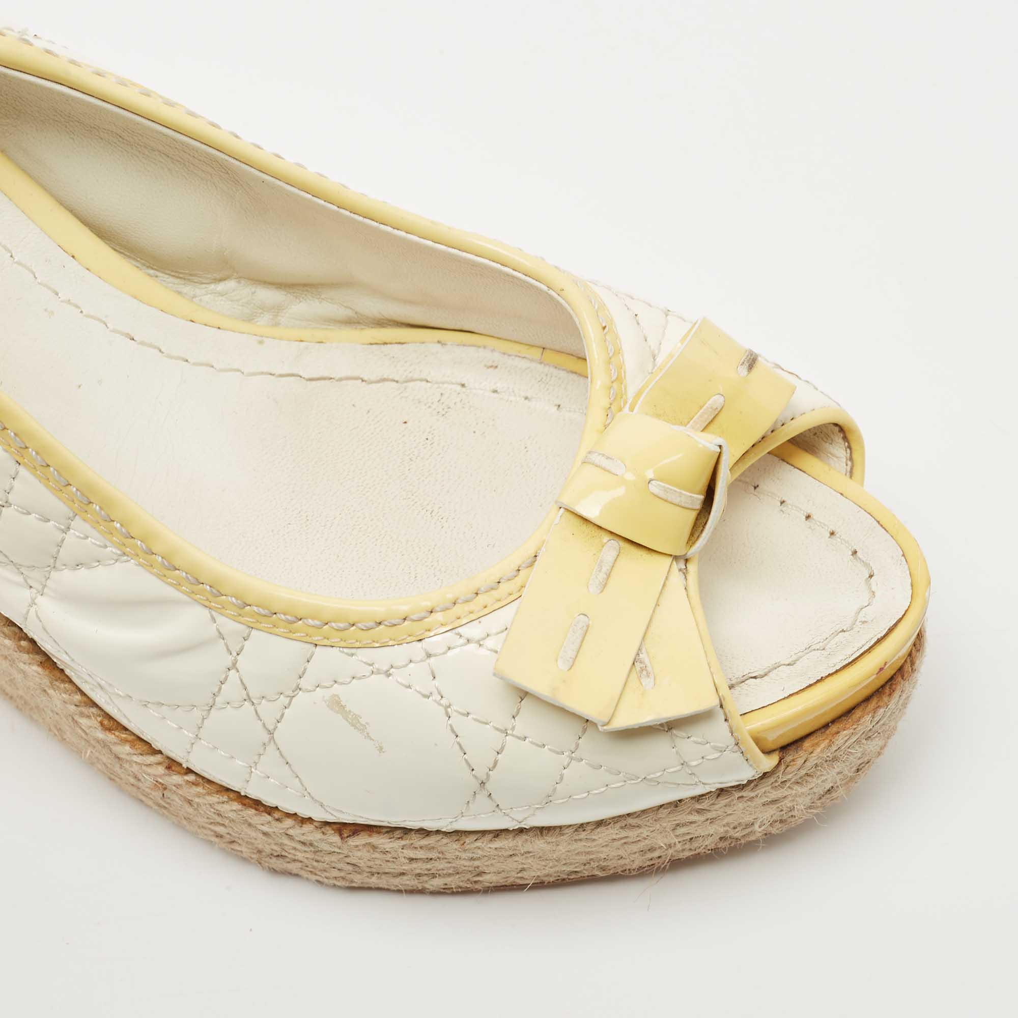 Dior White/Yellow Cannage Patent Leather Espadrille Wedge Slingback Sandals Size 41