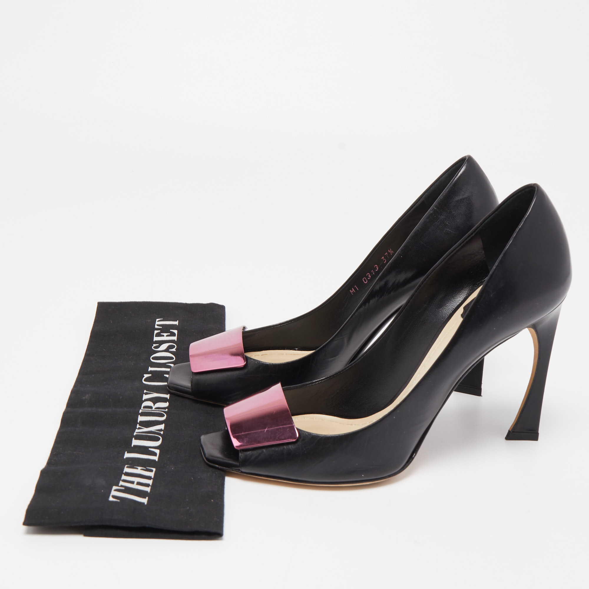 Dior Black Leather Plaque Peep Toe Pumps Size 37.5