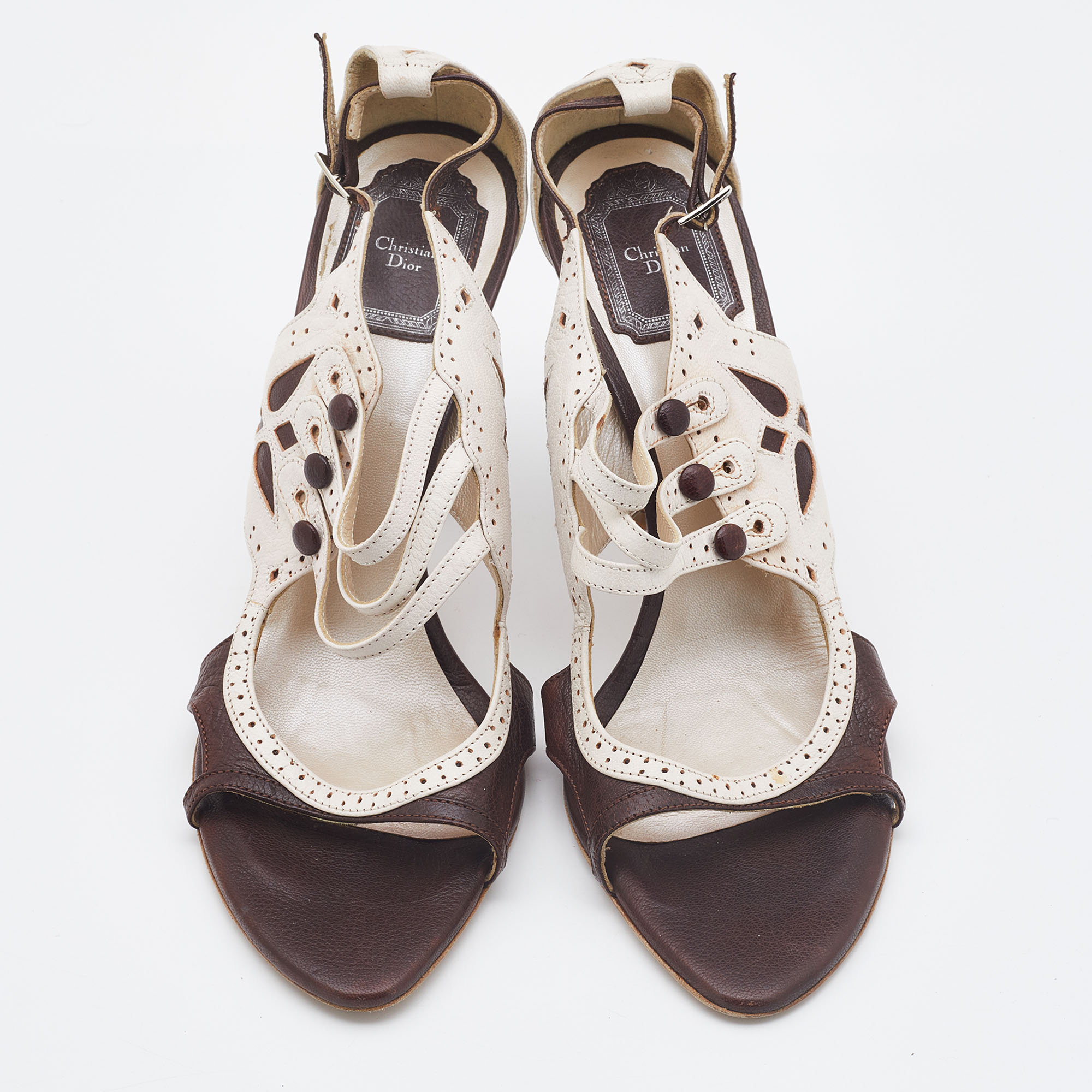 Dior Brown/White Brogue Leather Lasercut  Sandals Size 40