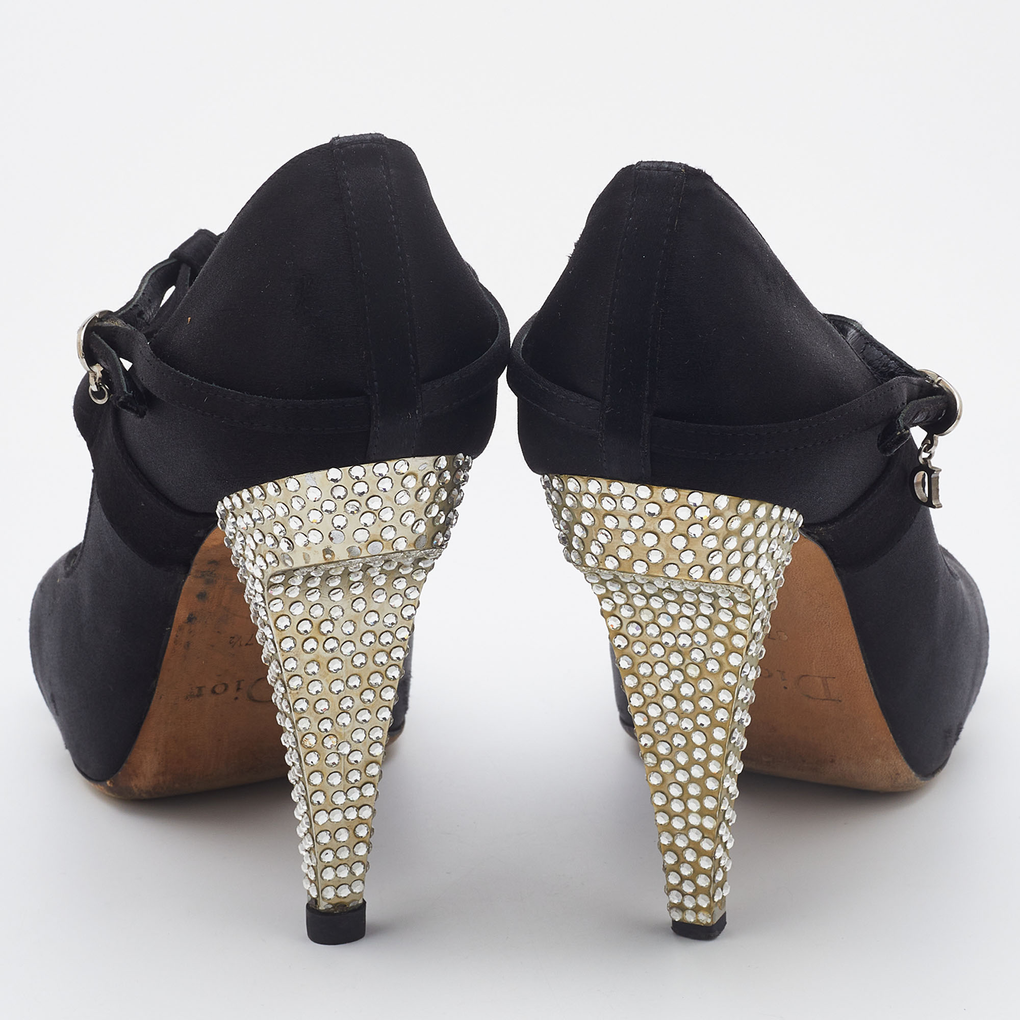 Dior Black Satin Ankle Strap Peep Toe Sandals Size 37.5