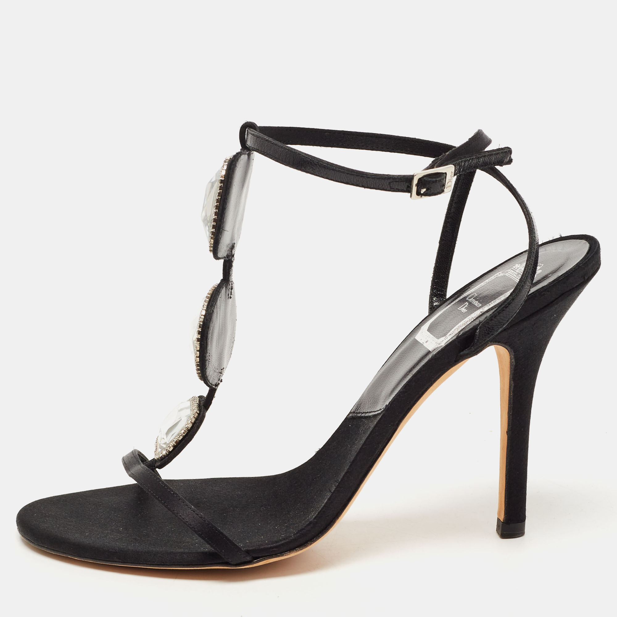Dior Black Satin Crystal Embellished T-Strap Sandals Size 37.5