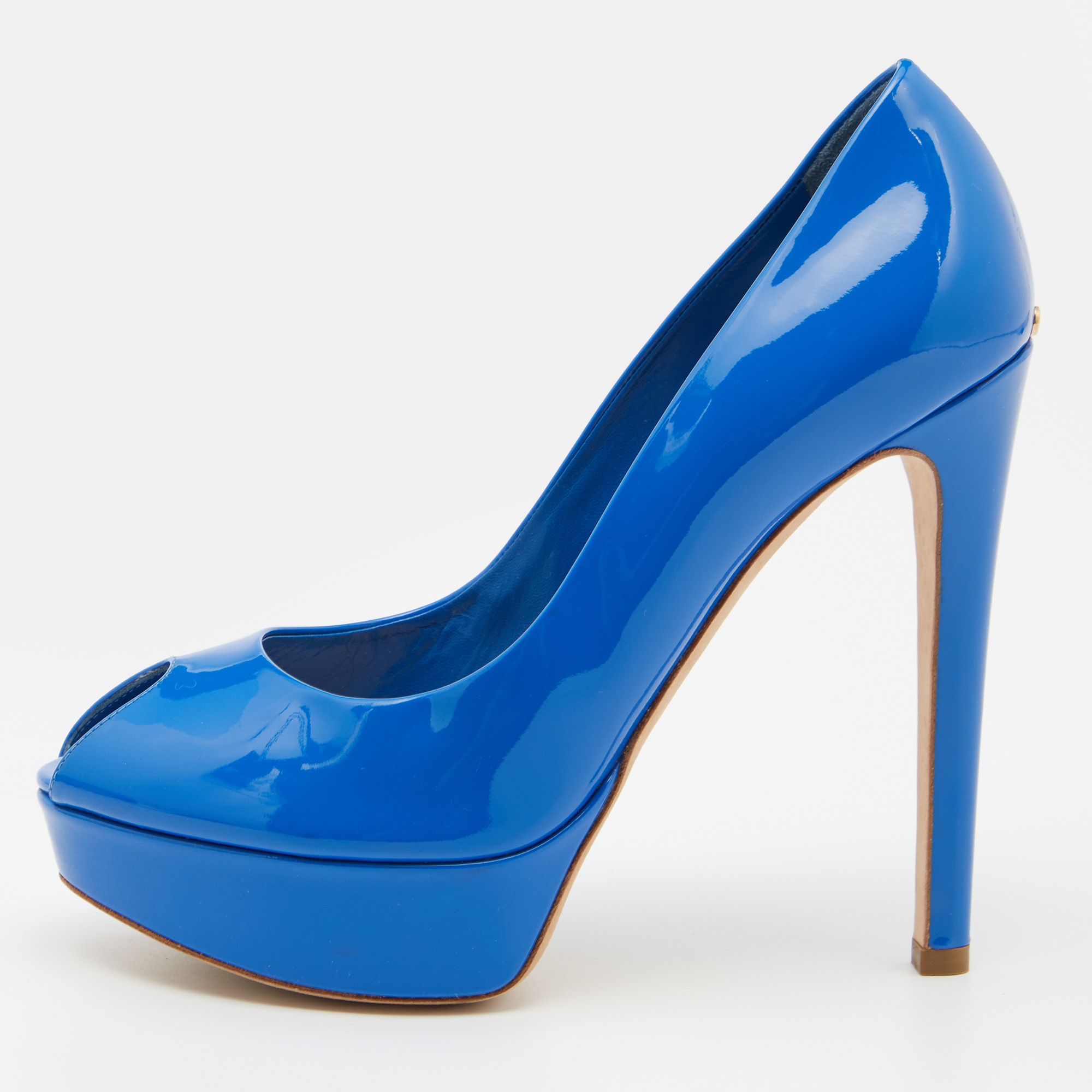 Dior Blue Patent Leather Miss Dior Peep Toe Platform Pumps Size 38.5