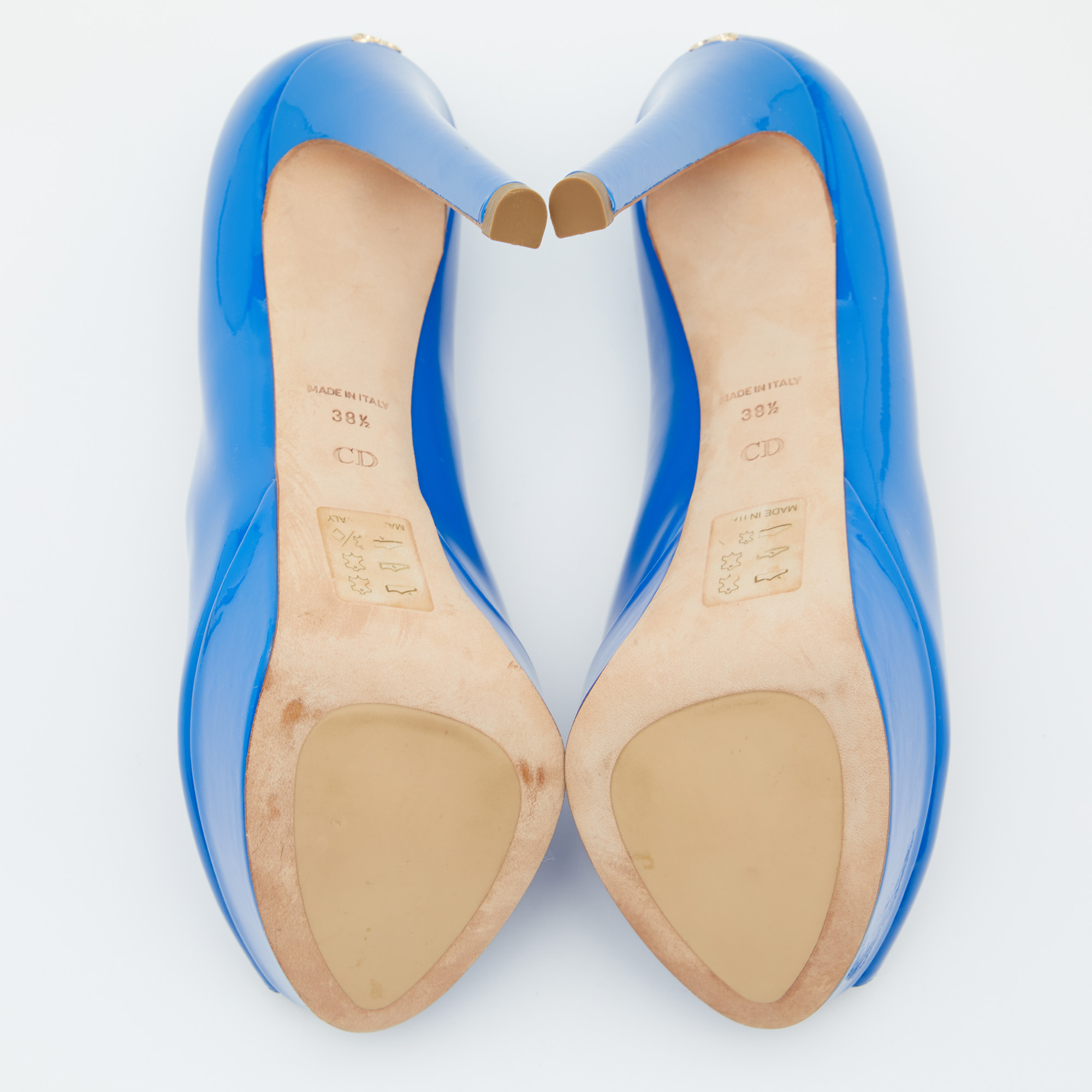 Dior Blue Patent Leather Miss Dior Peep Toe Platform Pumps Size 38.5