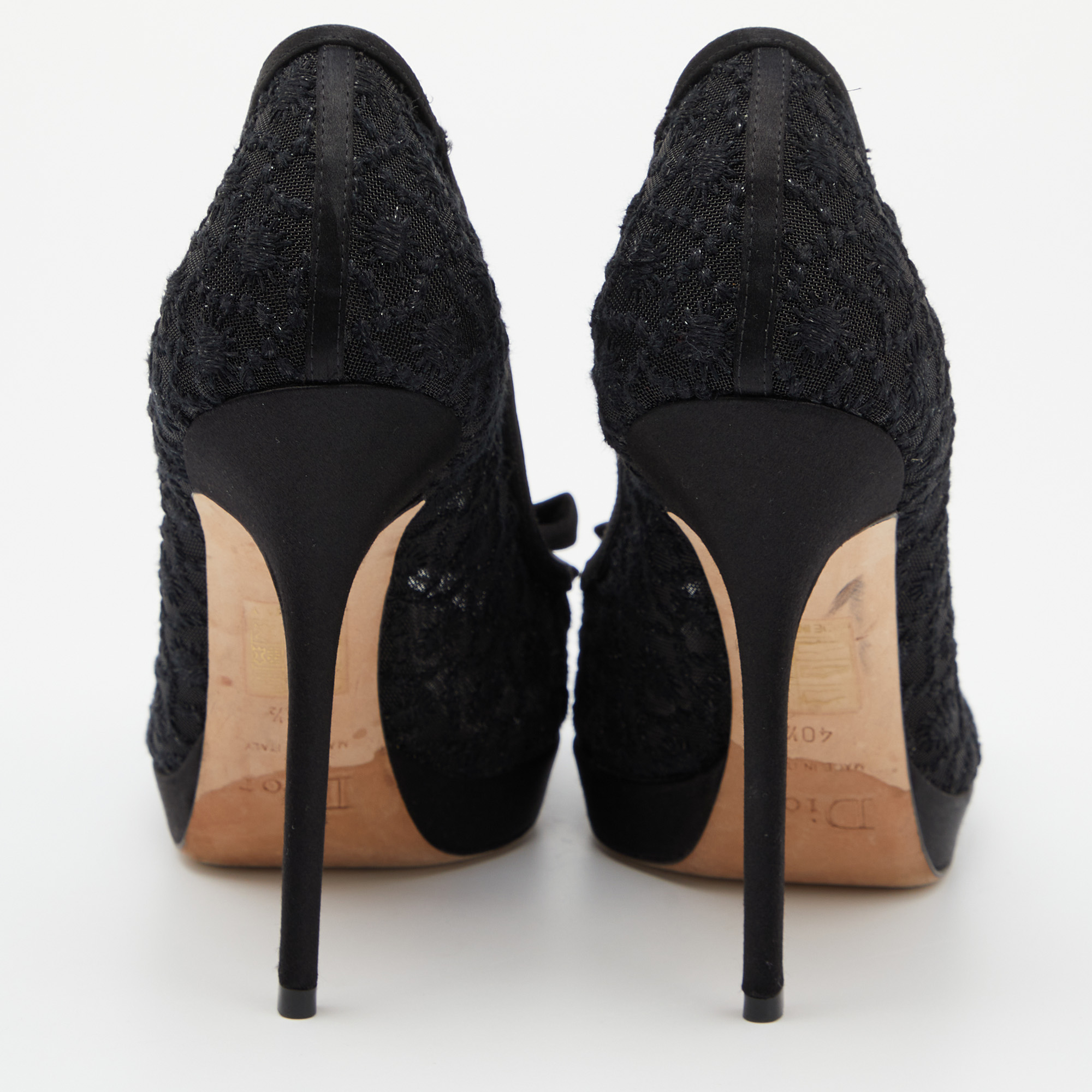 Dior Black Mesh And Satin Bow Peep Toe Platform Pumps Size 40.5