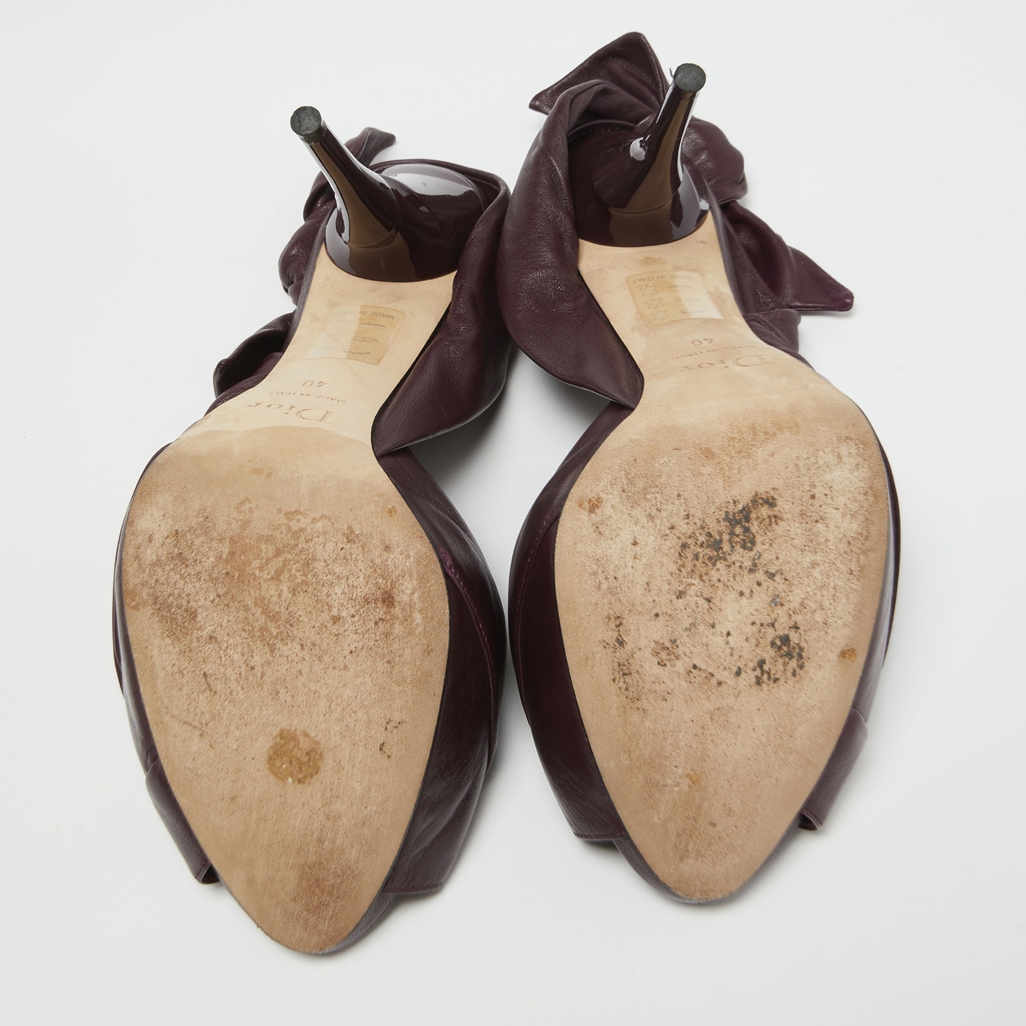 Dior Burgundy Pleated Leather Bow Peep Toe Slingback Pumps Size 40
