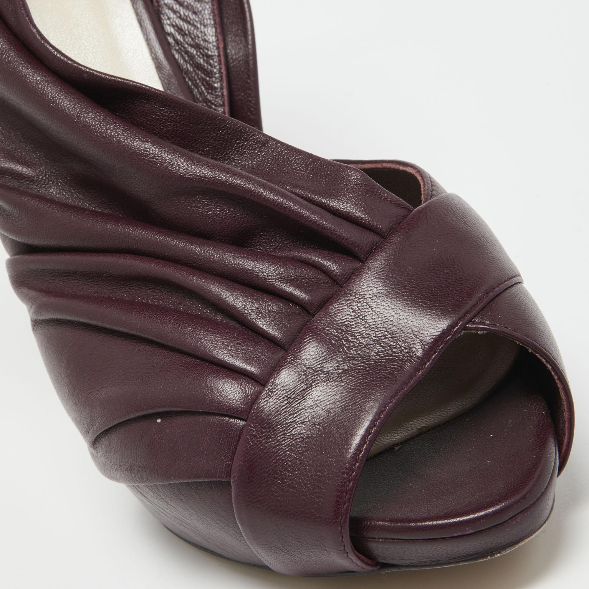 Dior Burgundy Pleated Leather Bow Peep Toe Slingback Pumps Size 40