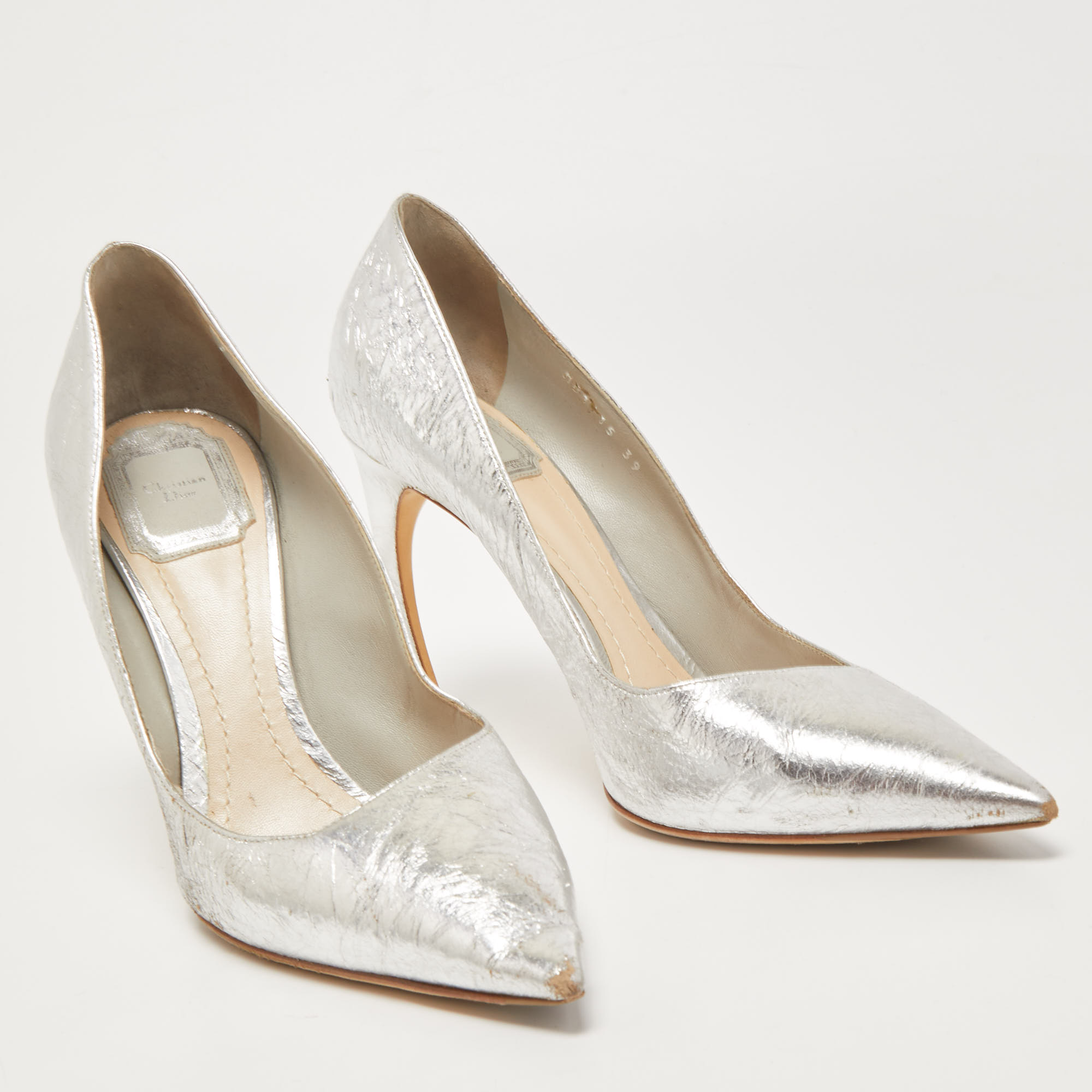 Dior Silver Crinkled Leather Pointed Toe Pumps Size 39