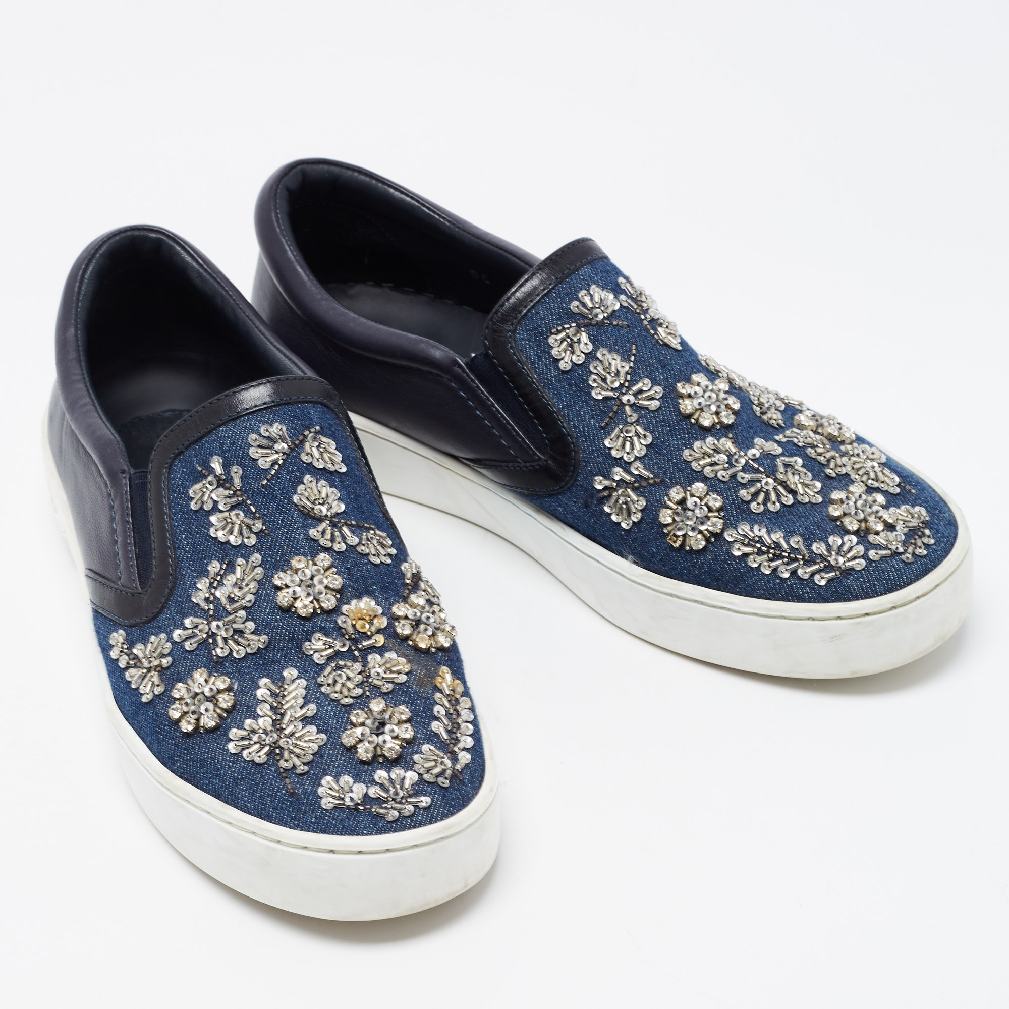 Dior Navy Blue Crystal Embellished Denim And Leather Happy Sneakers Size 36.5