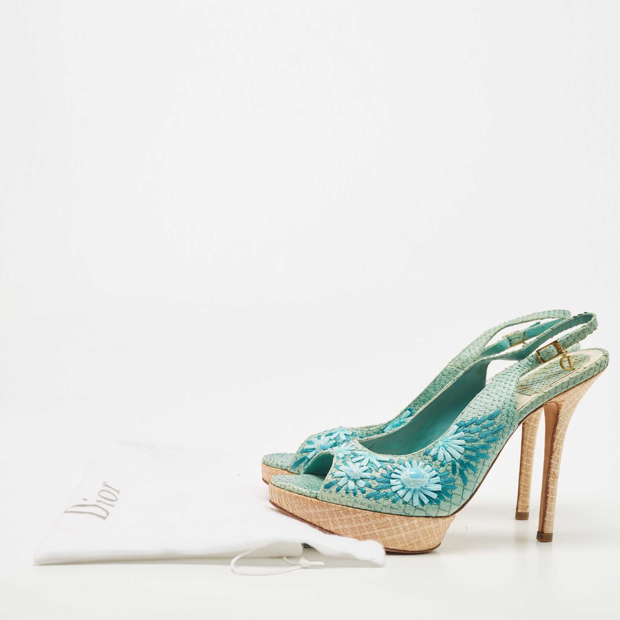Dior Blue Snakeskin Leather And  Floral Straw Logo Charm Slingback Peep Toe Sandals Size 40.5