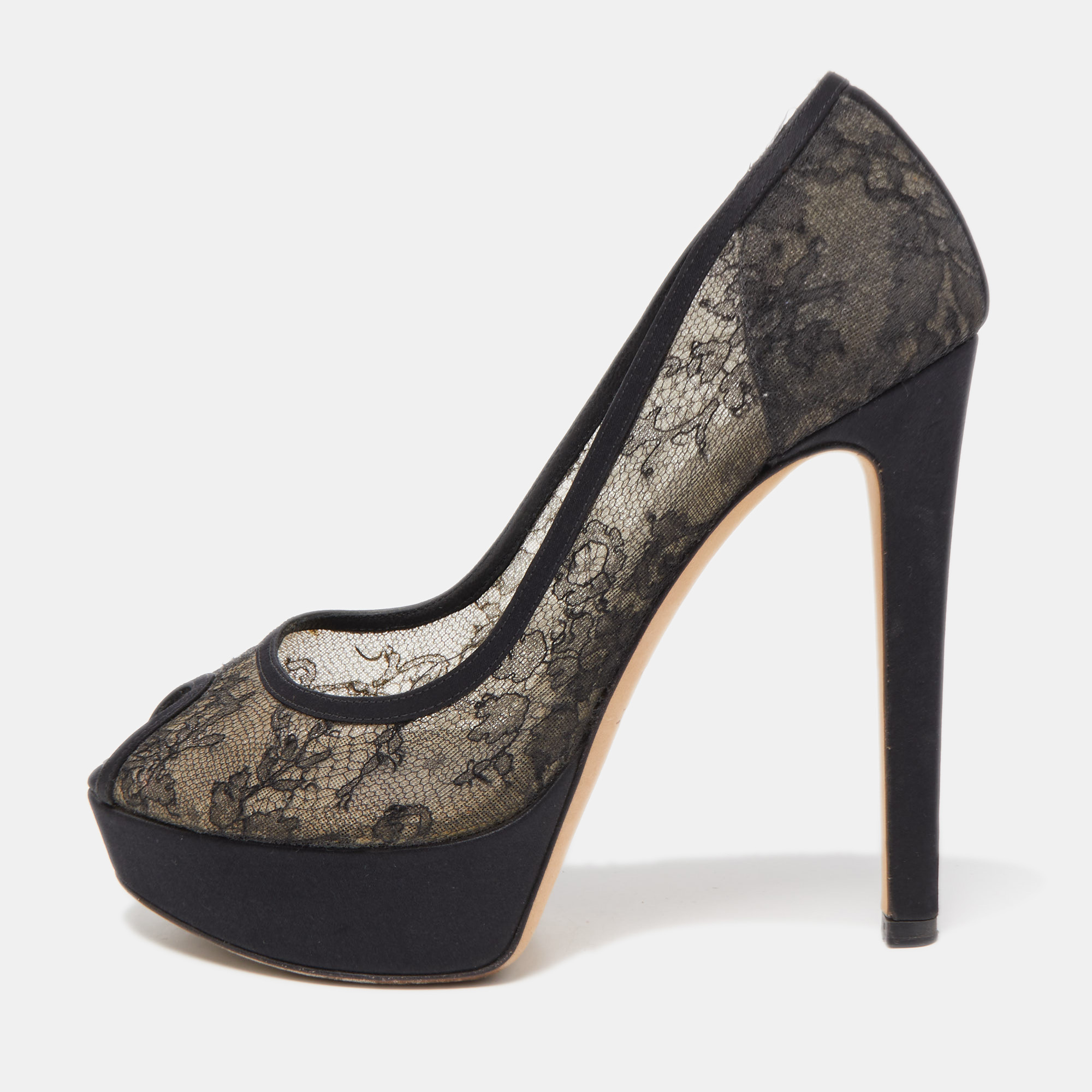 Dior black lace and satin peep toe platform pumps size 37