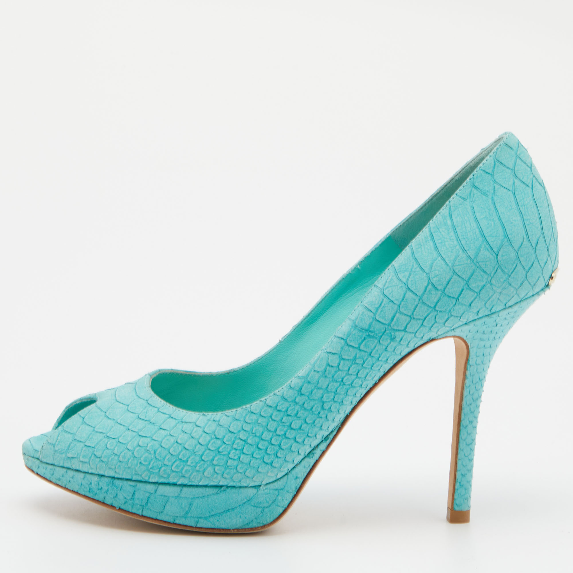 Dior turquoise python embossed leather miss dior peep toe pumps size 37.5